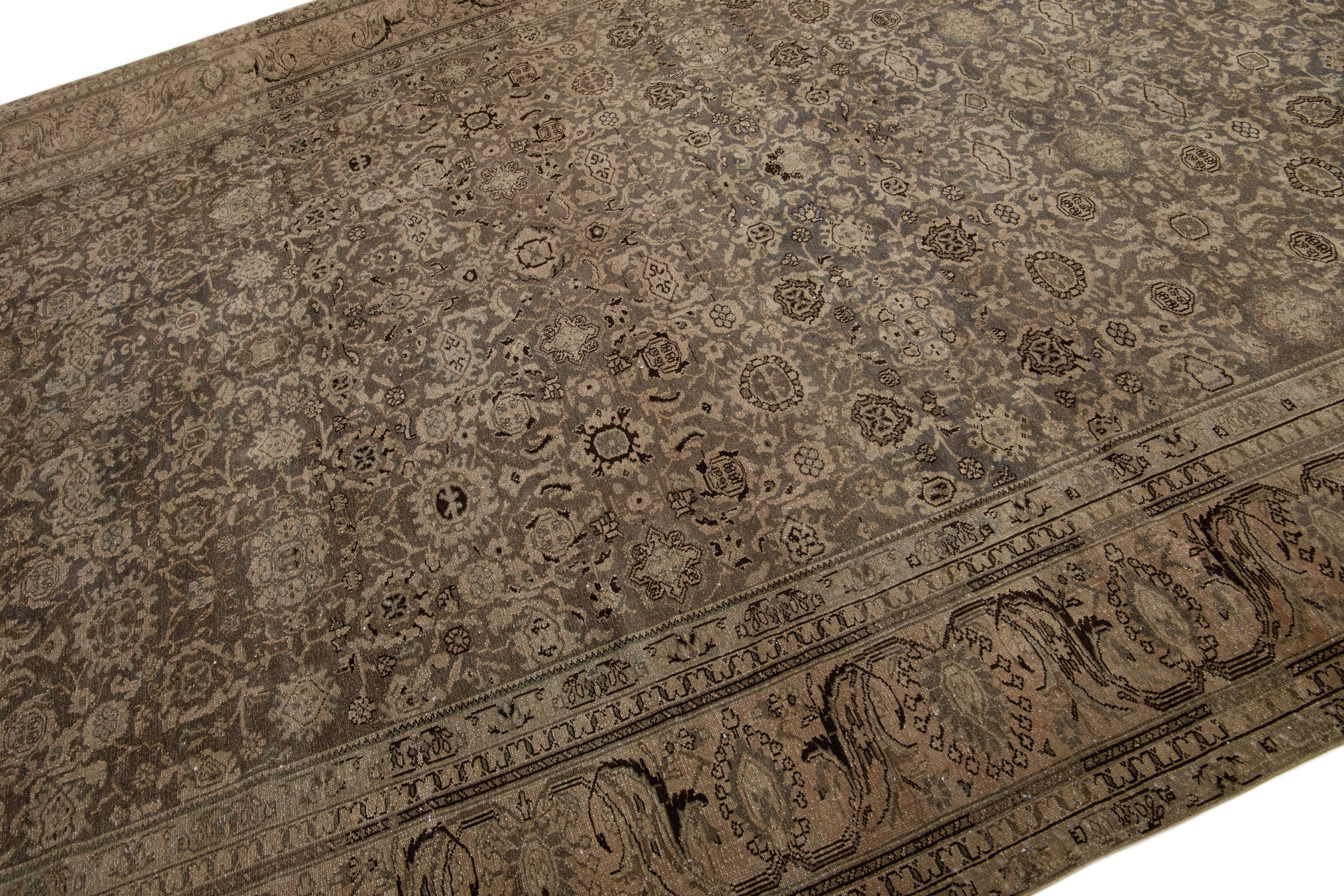 Hand-Knotted Handmade Tabriz 1900s Persian Wool Rug in Brown with Allover Motif For Sale