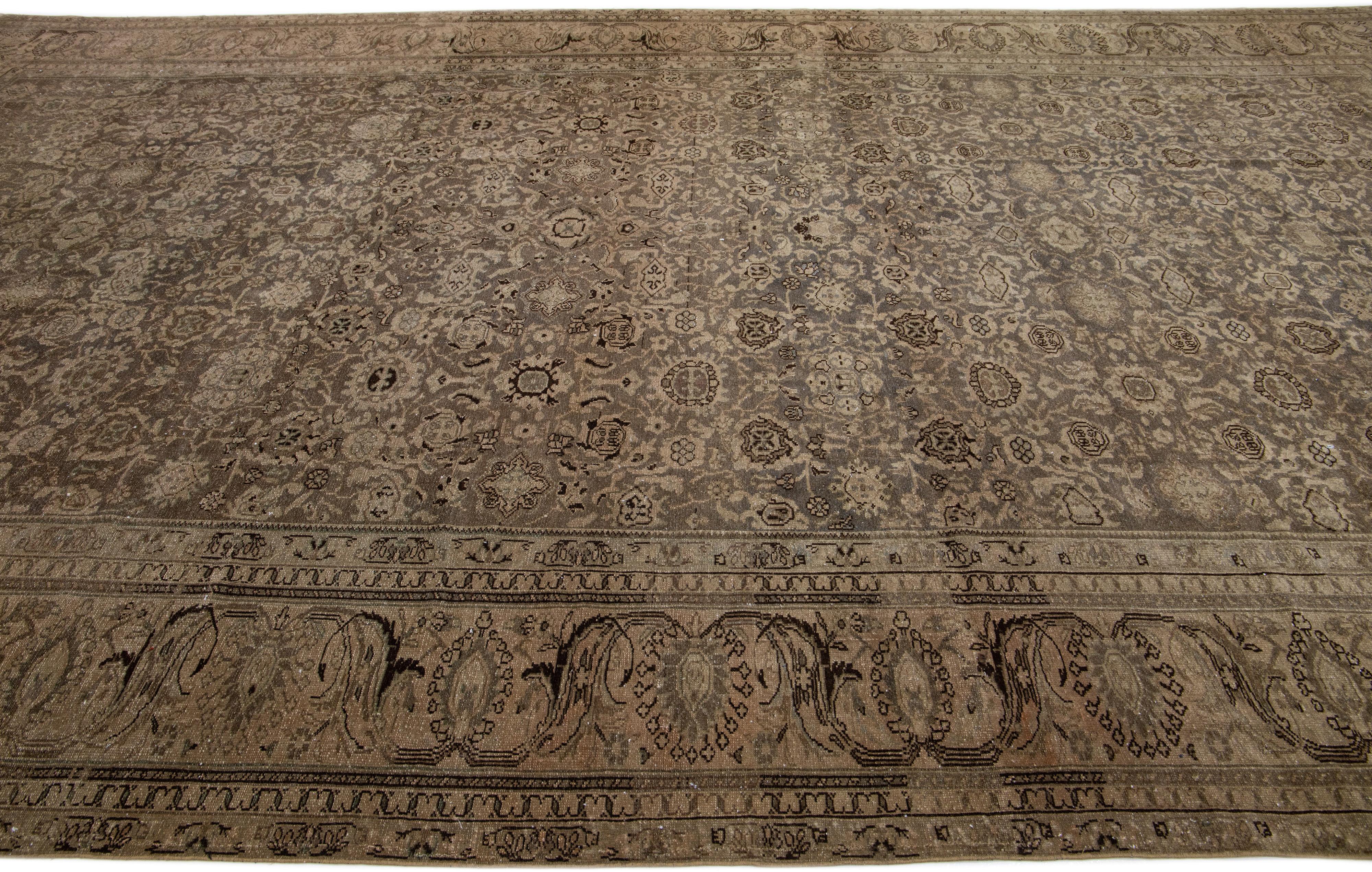 Handmade Tabriz 1900s Persian Wool Rug in Brown with Allover Motif In Good Condition For Sale In Norwalk, CT