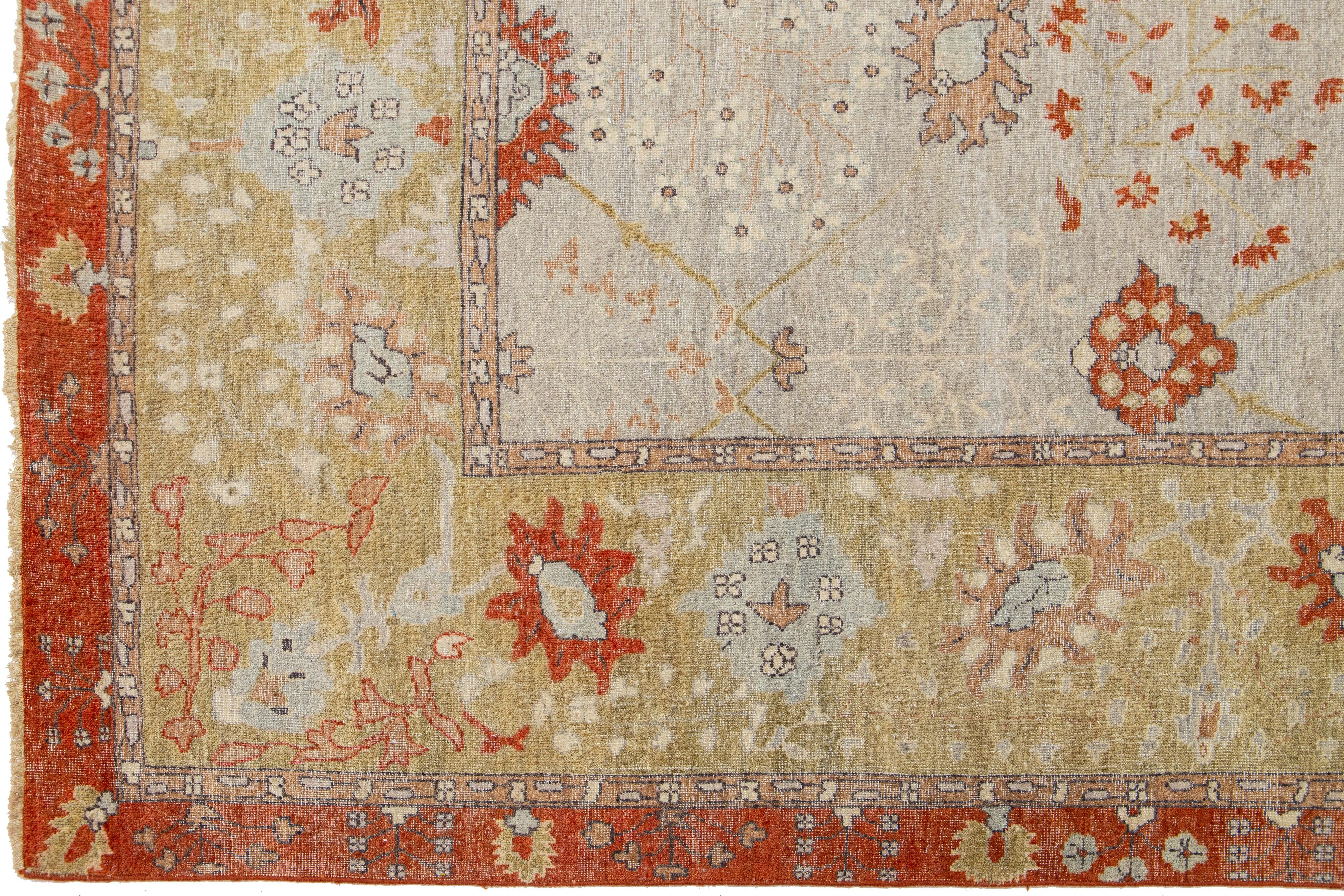 Contemporary Handmade Tabriz Modern Indian Wool Rug in Gray & Orange Floral Motif by Apadana For Sale