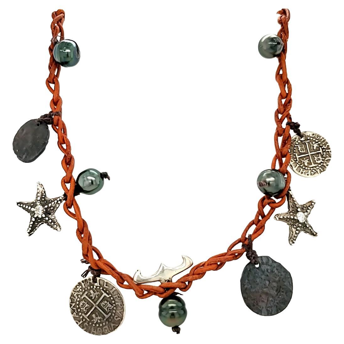 Parure collier et bracelet en cuir faits main avec perles de Tahiti, étoile de mer et pièces de monnaie