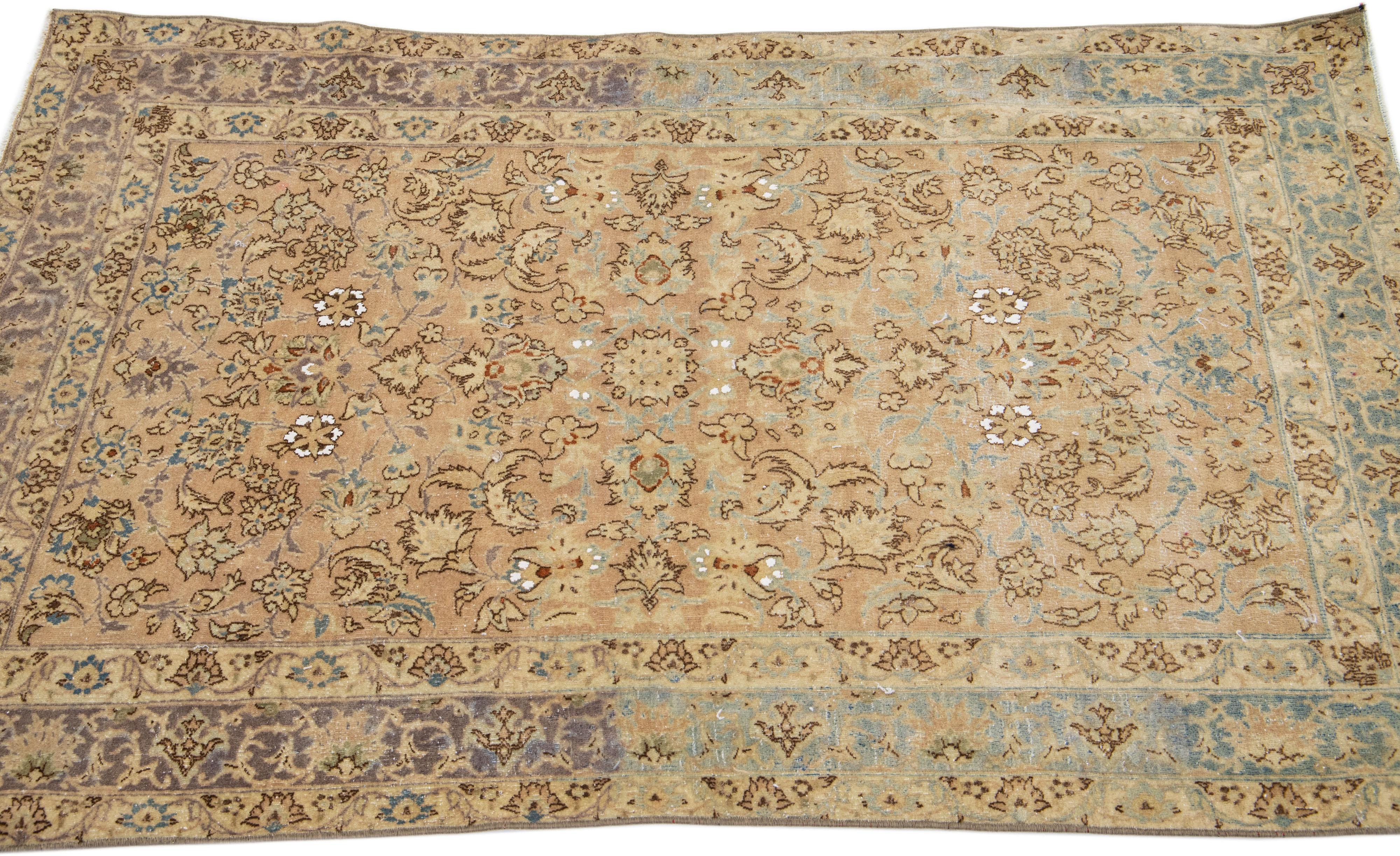Hand-Knotted Handmade Tan Antique Persian Kirman Wool Rug with Allover Floral Motif For Sale