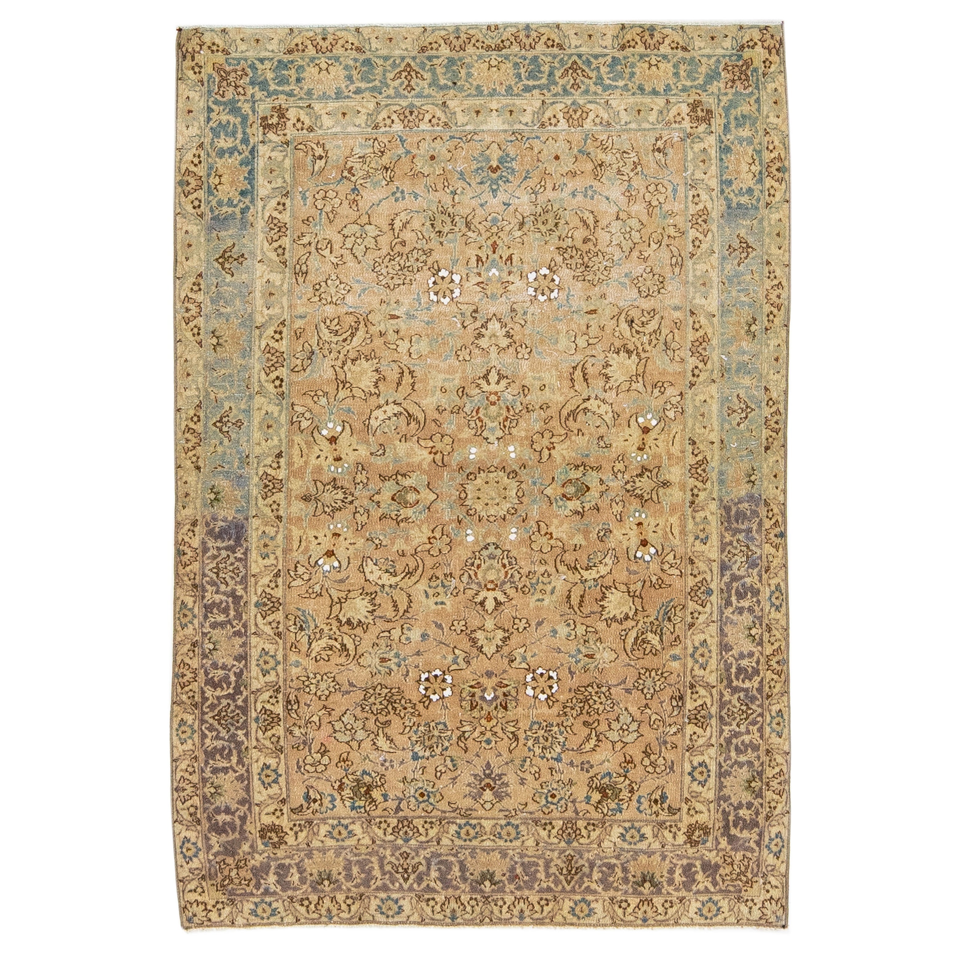 Tappeto di lana persiano Kirman antico, fatto a mano, con motivo floreale all'interno.