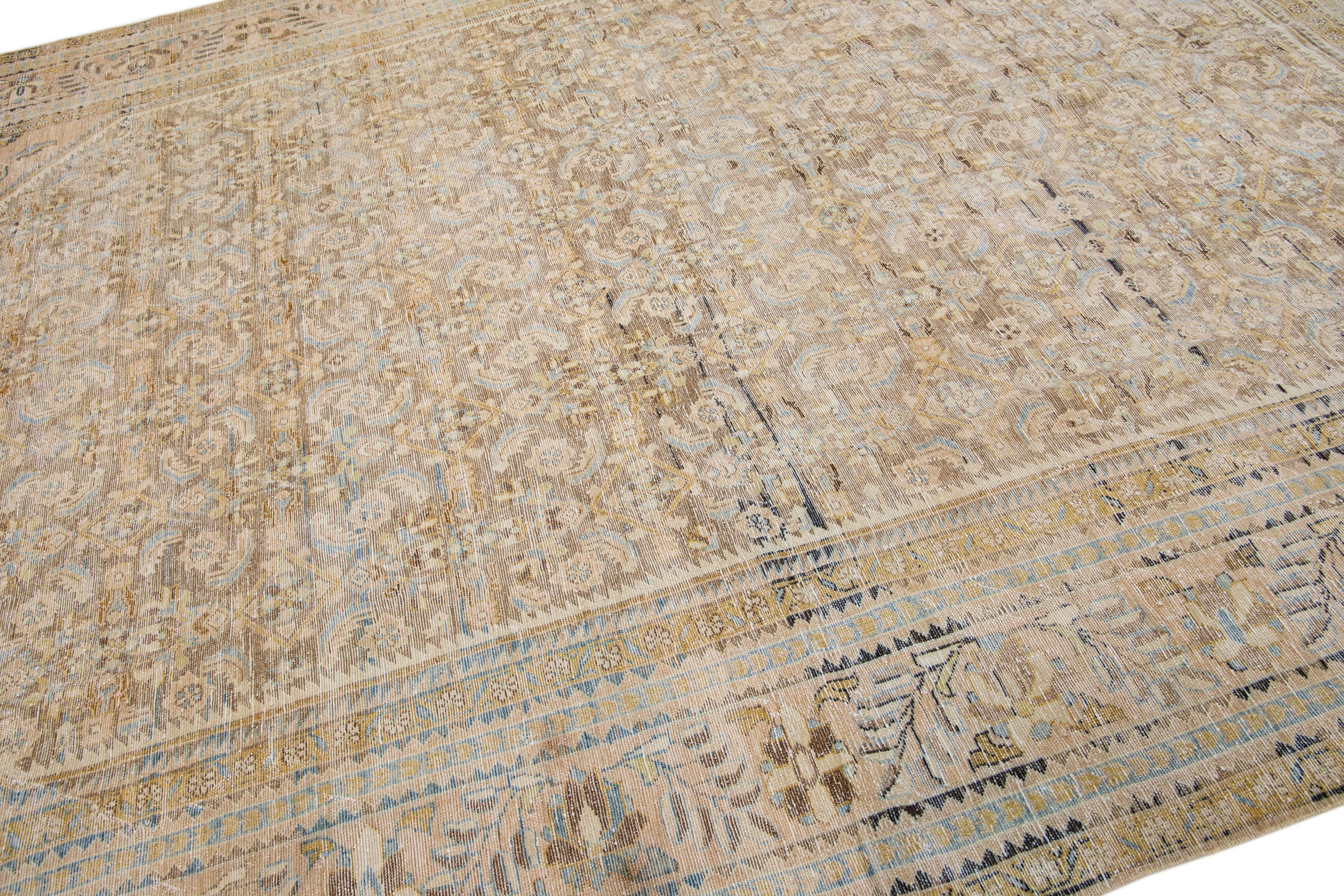 Handmade Tan Antique Persian Malayer Wool Rug with Allover Motif In Good Condition For Sale In Norwalk, CT