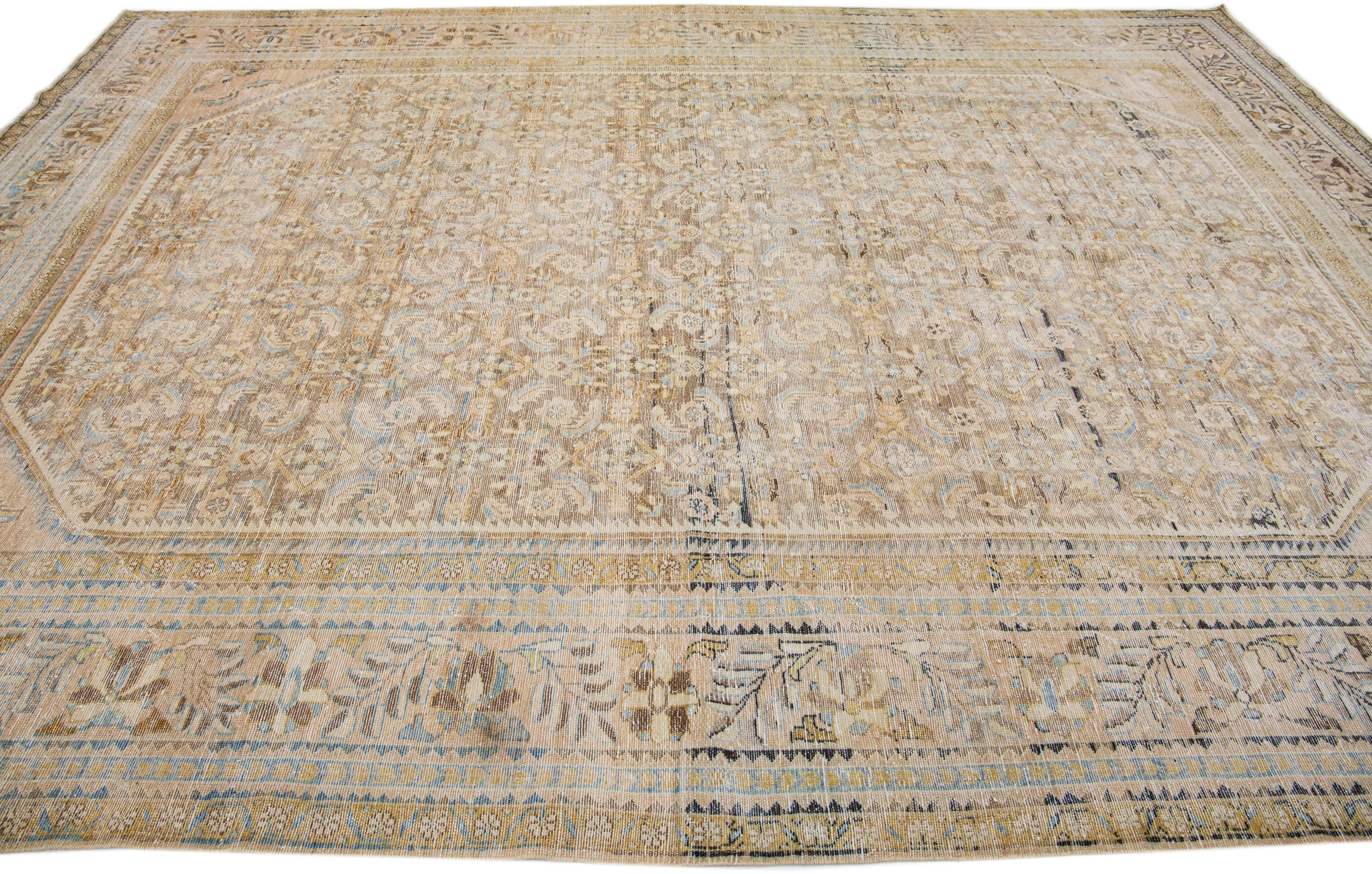 Handmade Tan Antique Persian Malayer Wool Rug with Allover Motif For Sale 1