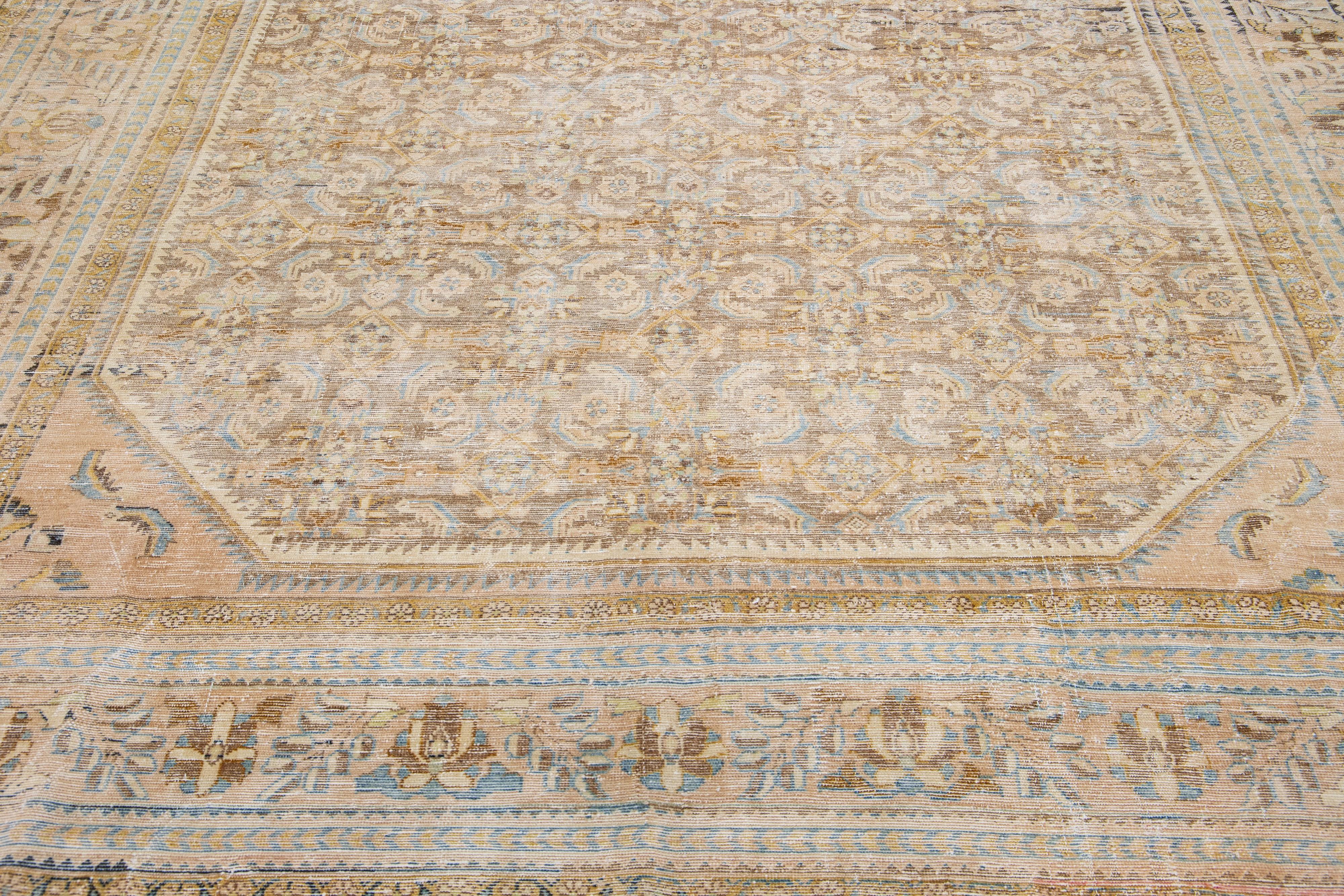 Handmade Tan Antique Persian Malayer Wool Rug with Allover Motif For Sale 2