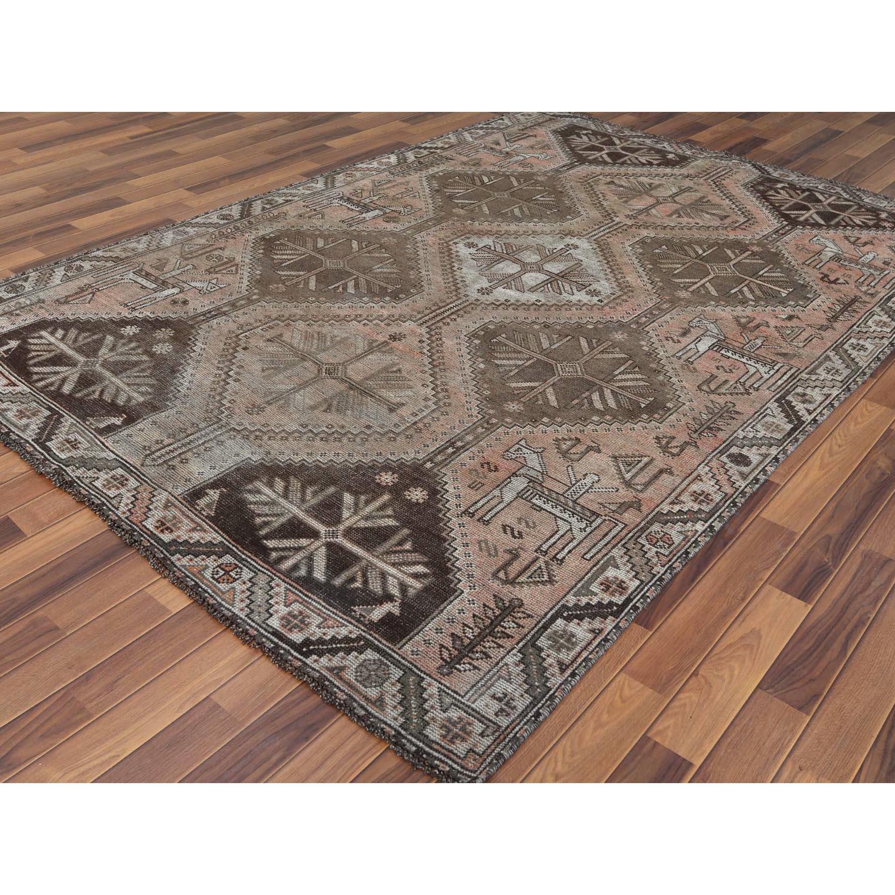 Medieval Handmade Tan Color Persian Shiraz Sheared Low Bohemian Vintage Wool Rug