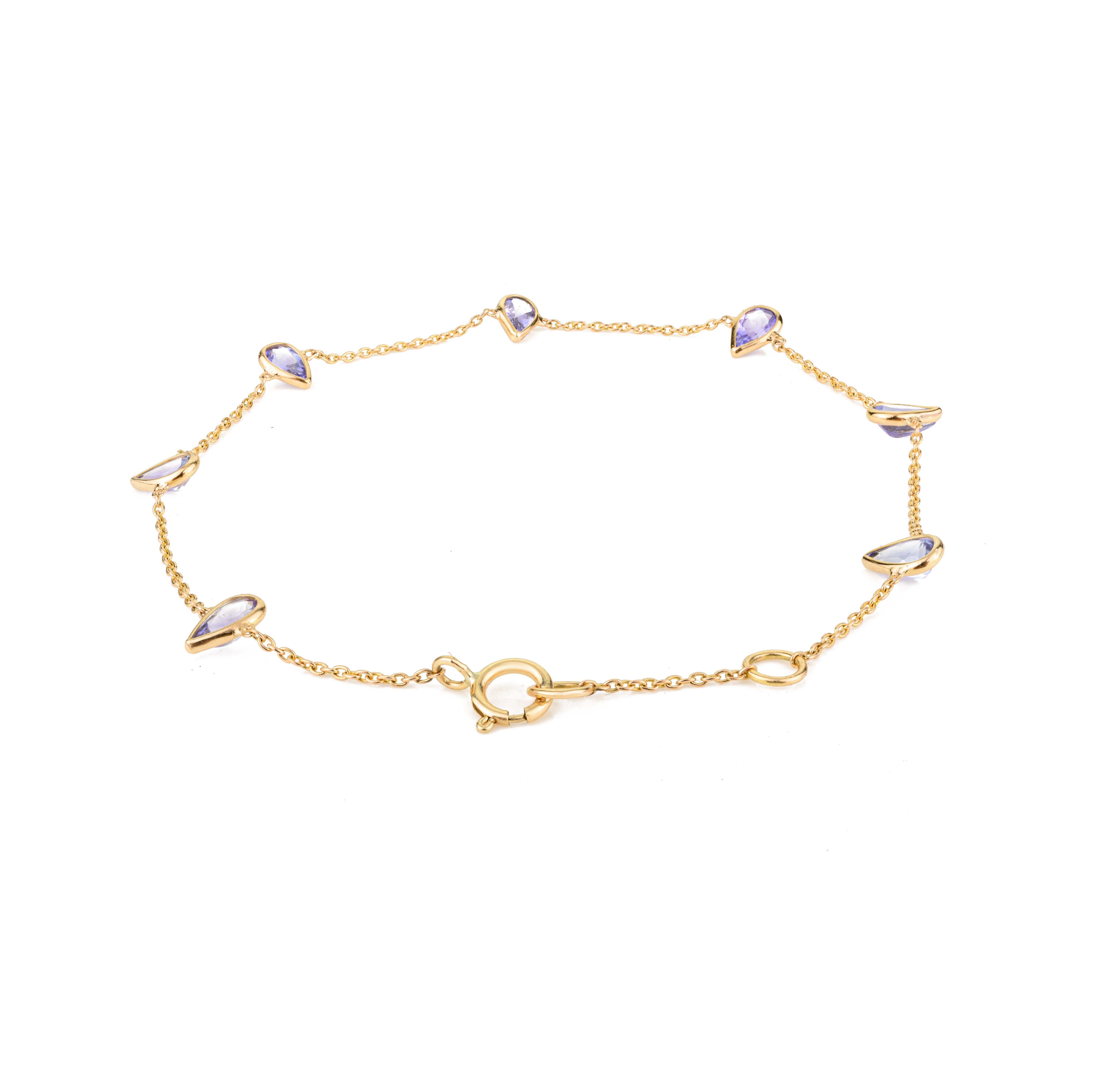 Handmade Tanzanite Gemstone 18K Yellow Gold Chain Bracelet Gift For Her For Sale 1