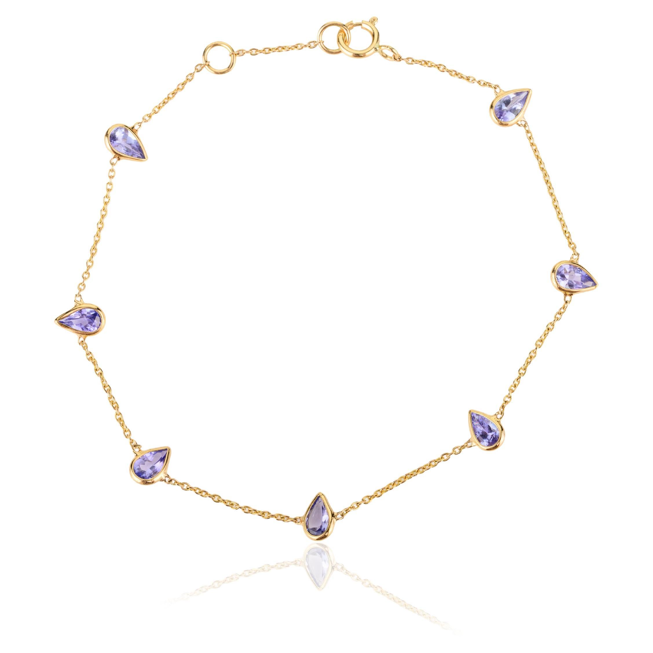 Bracelet en or jaune 18K fait à la main avec des pierres précieuses de Tanzanite Cadeau pour elle