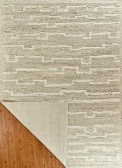 Handmade Textured Wool Rug in Beige and Ivory with Linear Abstract Pattern