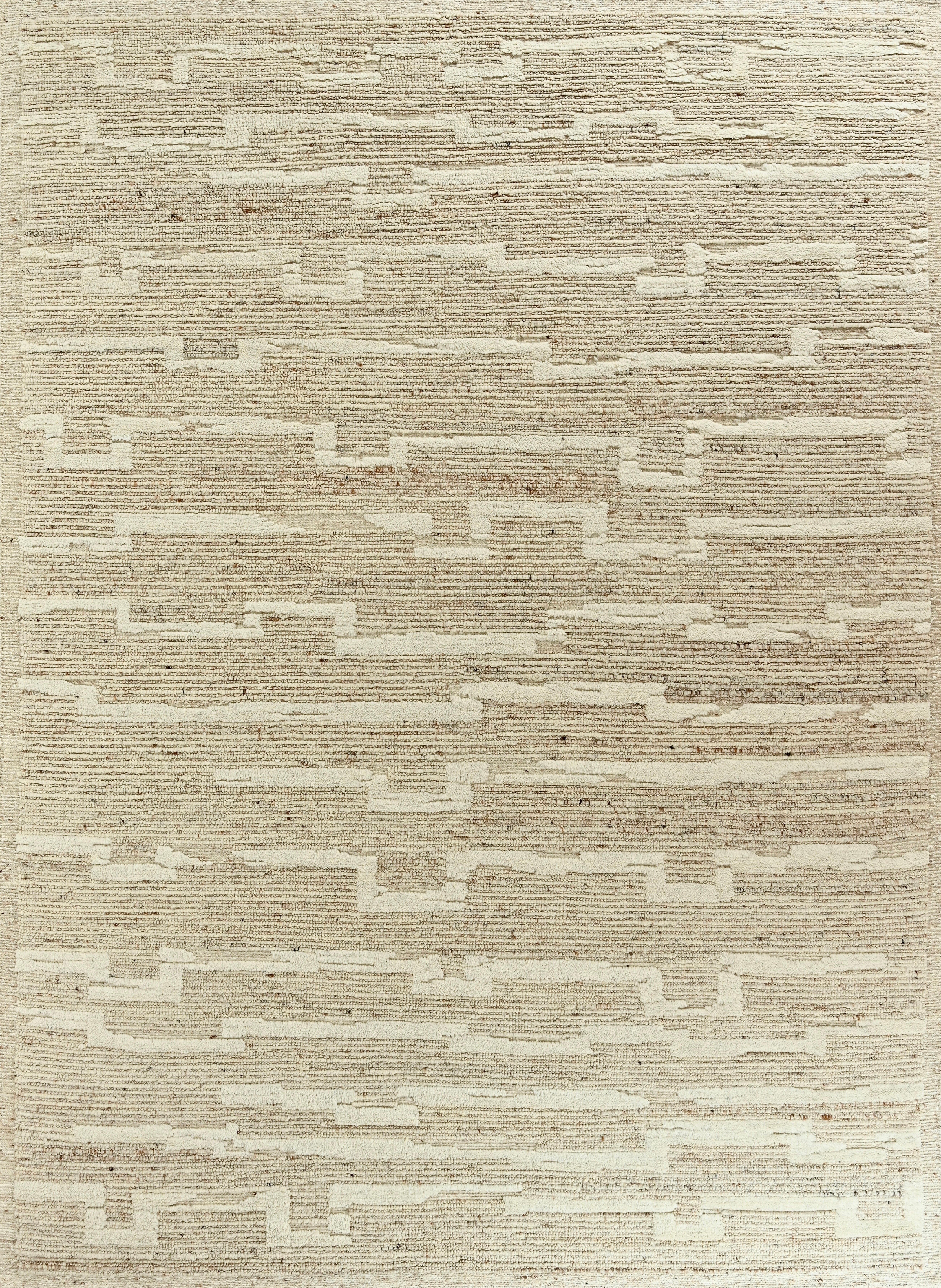 Handmade Textured Wool Rug in Beige and Ivory with Linear Abstract Pattern