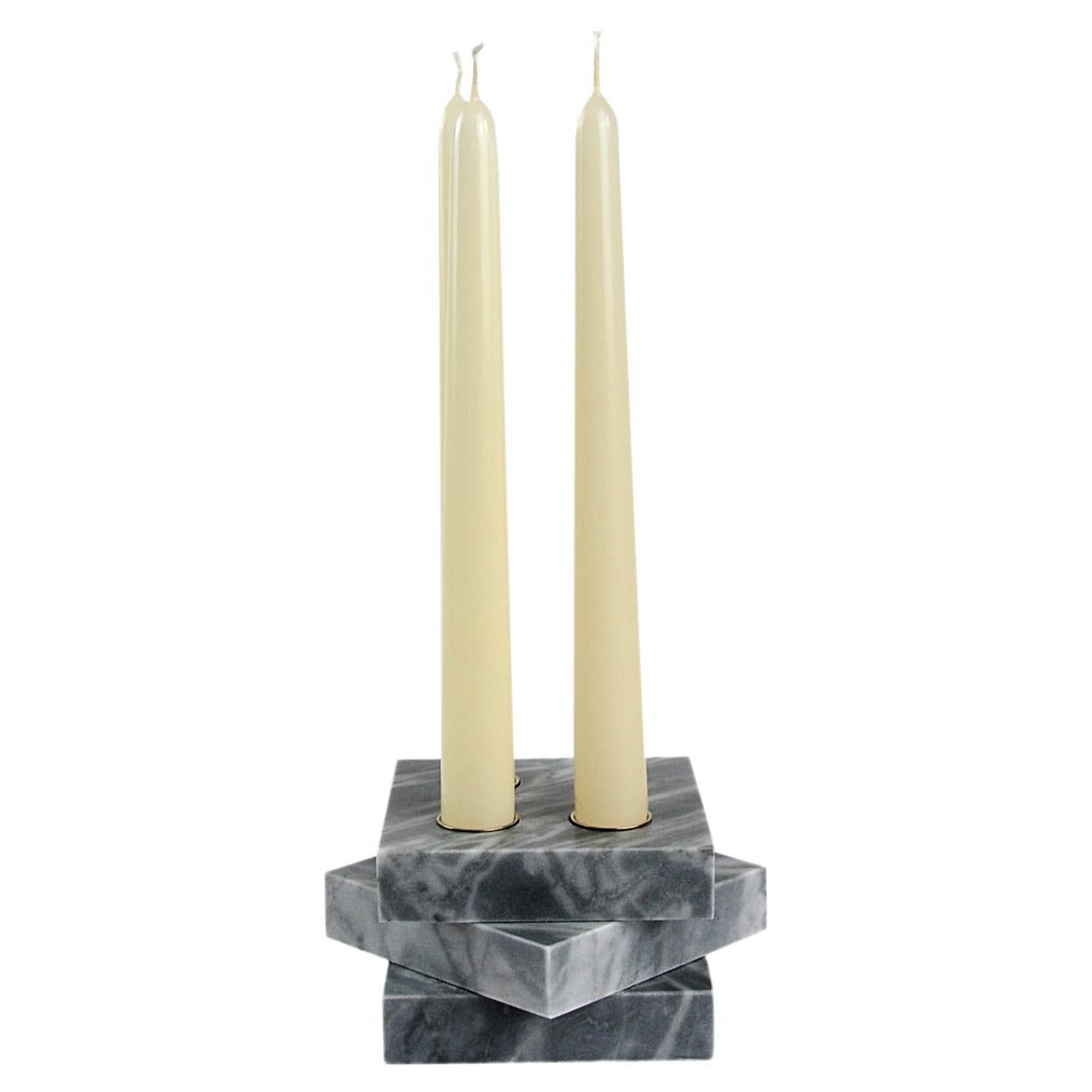 Handmade Three Levels Squared Candle Holder in Grey Bardiglio Marble and Brass