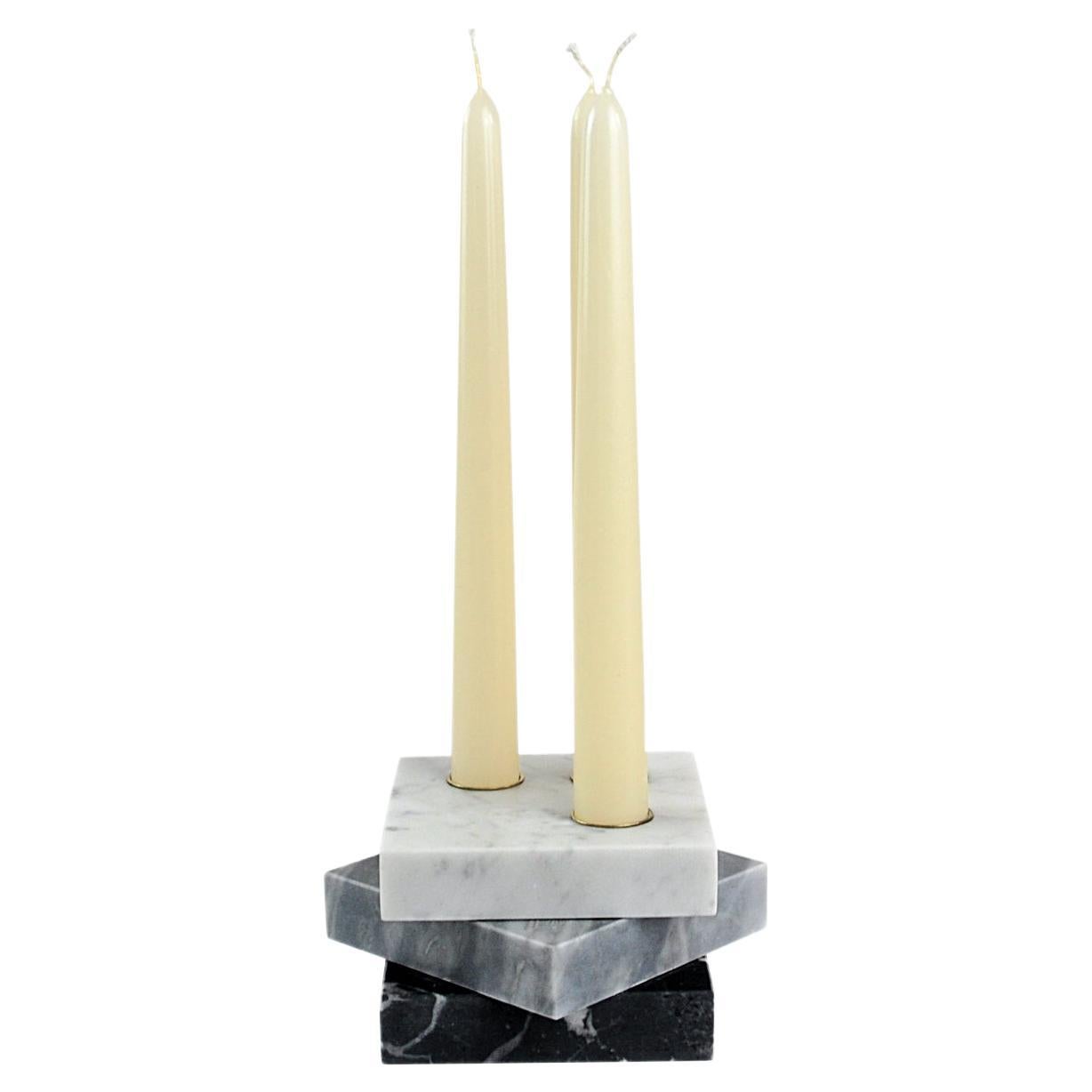 Handmade Three Levels Squared Candle Holder in Tricolor Marble and Brass For Sale