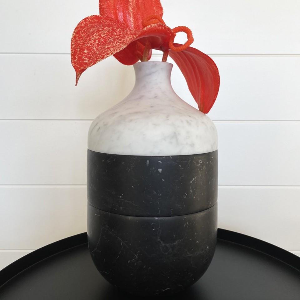 Handmade Three Parts Vase in White Carrara and/or Black Marquina Marble For Sale 4
