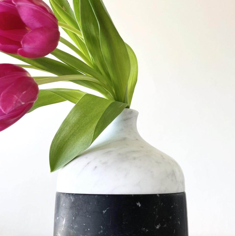 Handmade Three Parts Vase in White Carrara and/or Black Marquina Marble For Sale 5