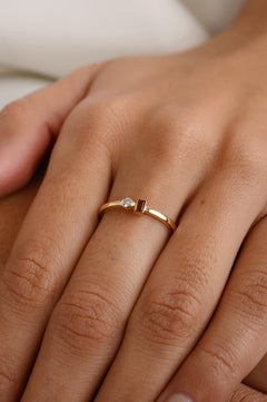 Handmade Tiny 14k Solid Yellow Gold Garnet and Diamond Ring for Her
