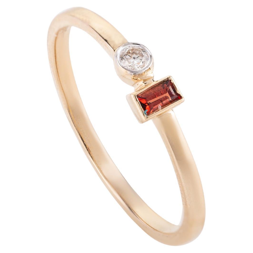 Handmade Tiny 14k Solid Yellow Gold Garnet and Diamond Ring for Her