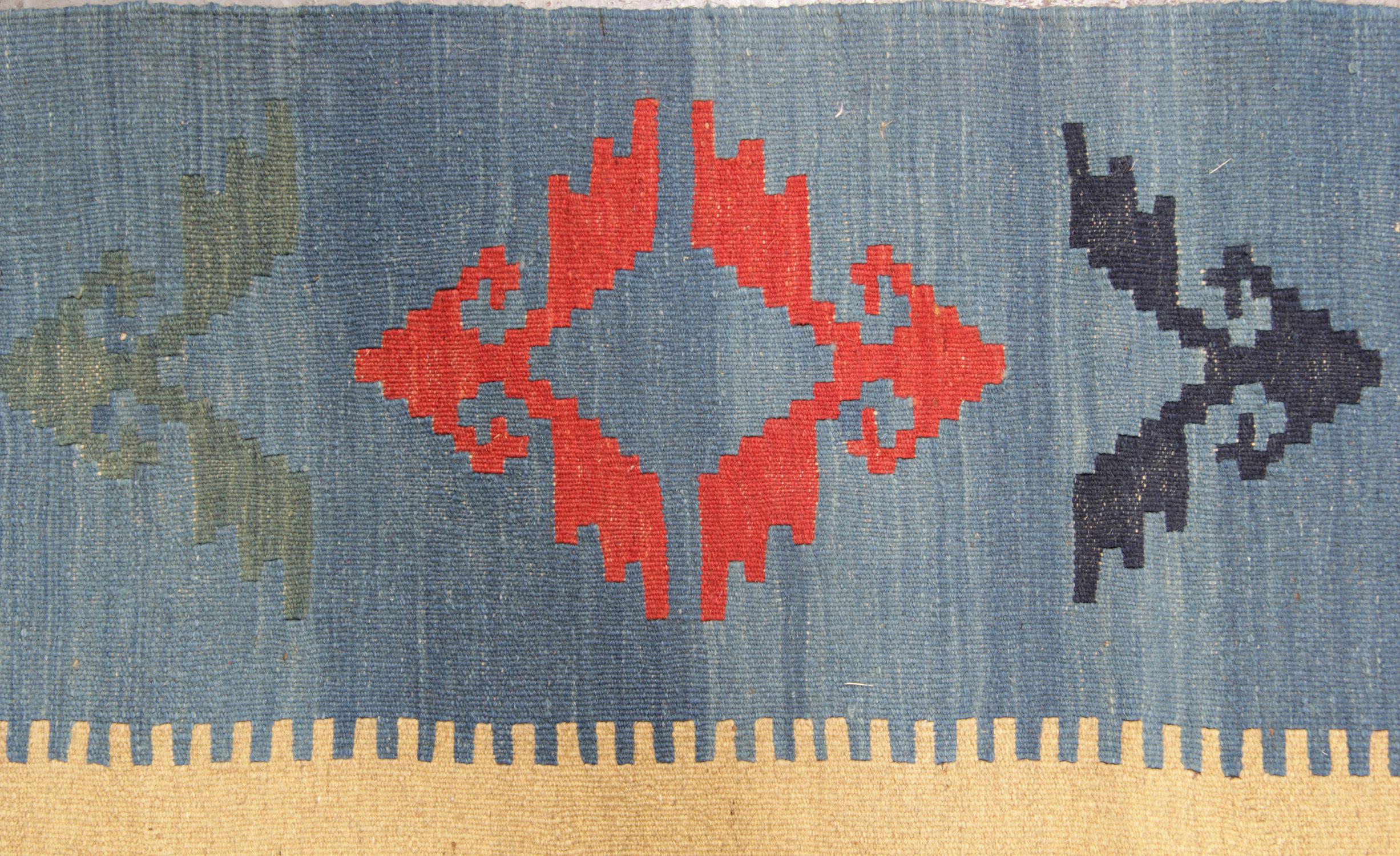 Hand-Crafted Handmade Traditional Afghan Kilim Modern Cream and Blue Wool Rug For Sale