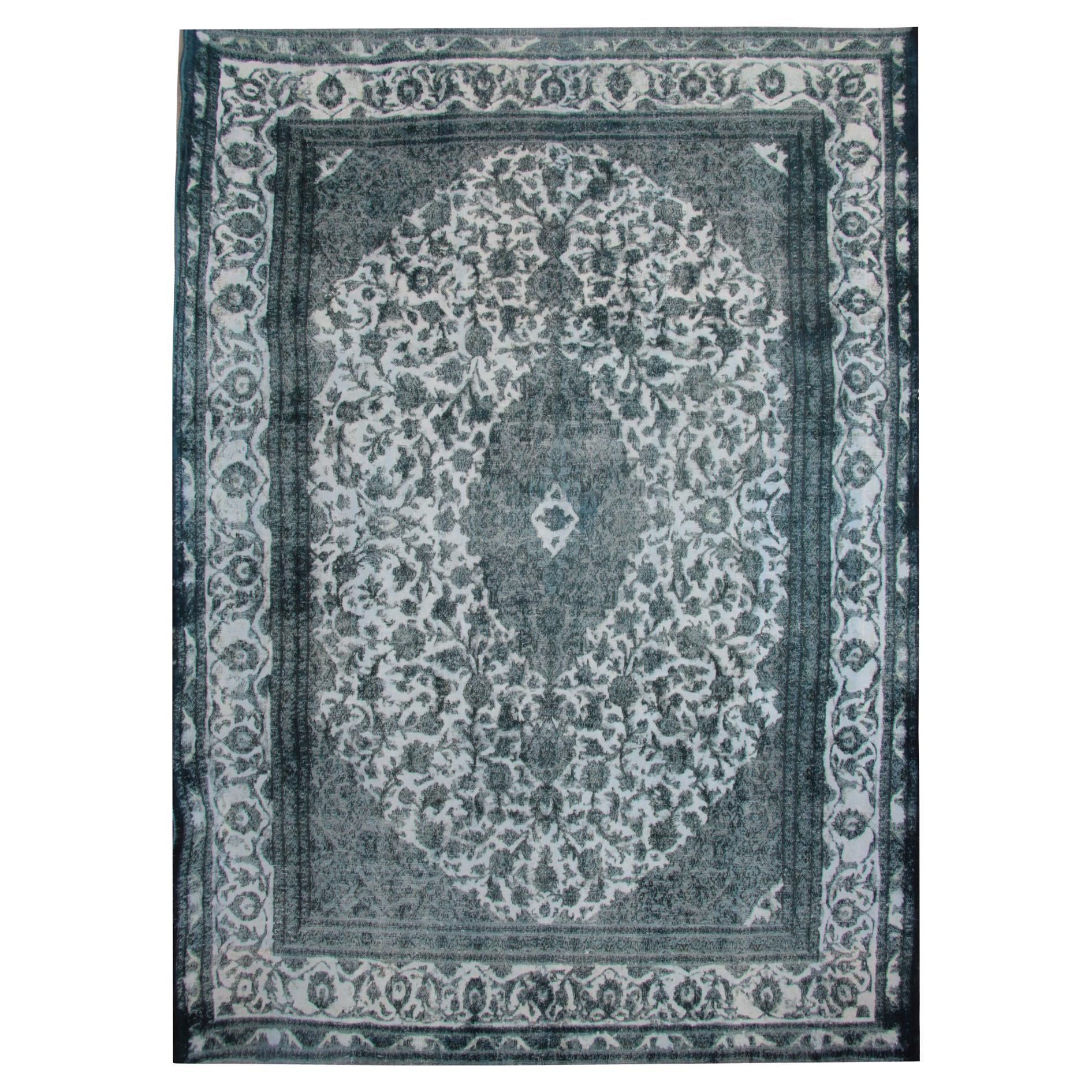 Handmade Traditional Area Rug, Green Grey Wool Medallion Carpet For Sale