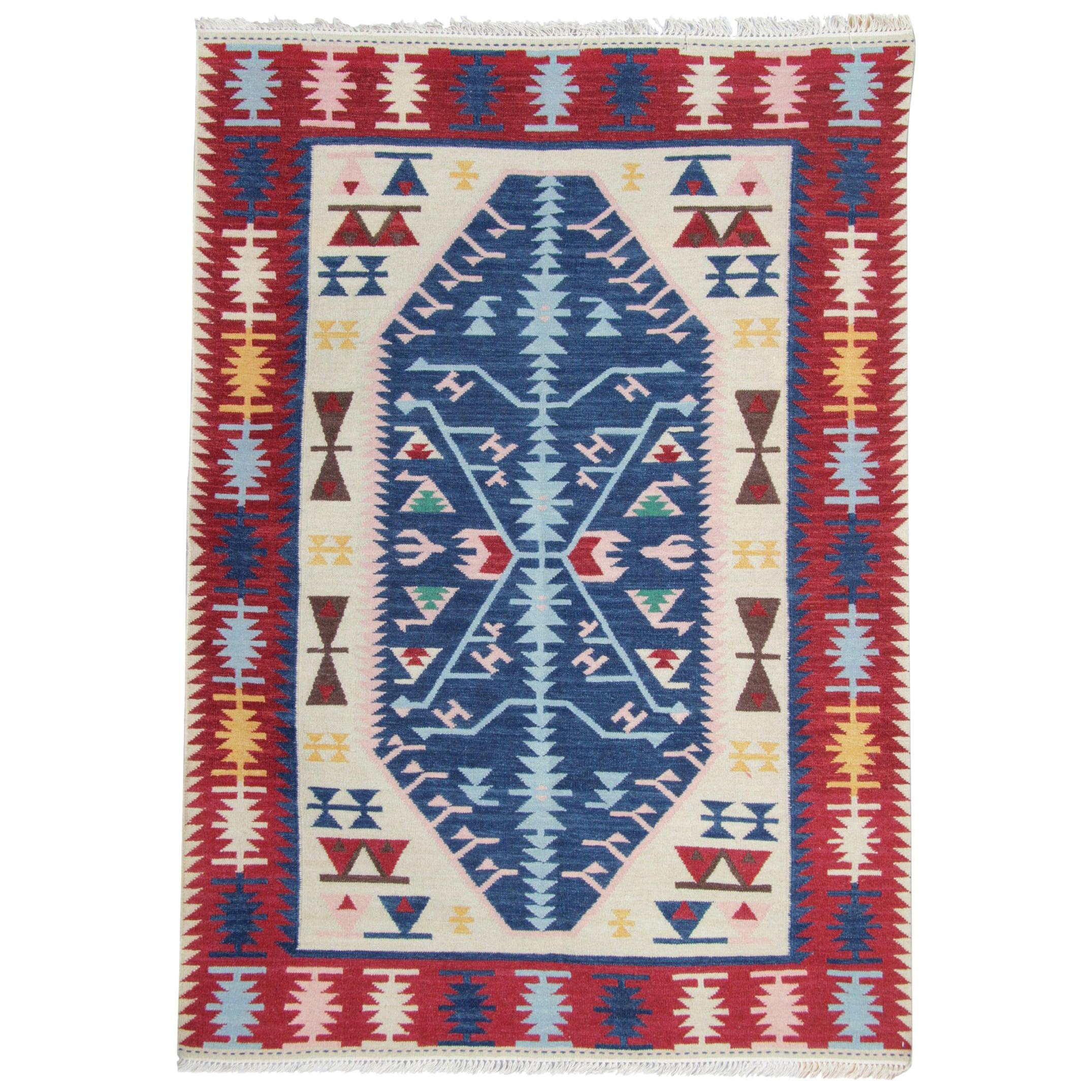 Handmade Traditional Kilim Rug, Blue Oriental Geometric Design at 1stDibs