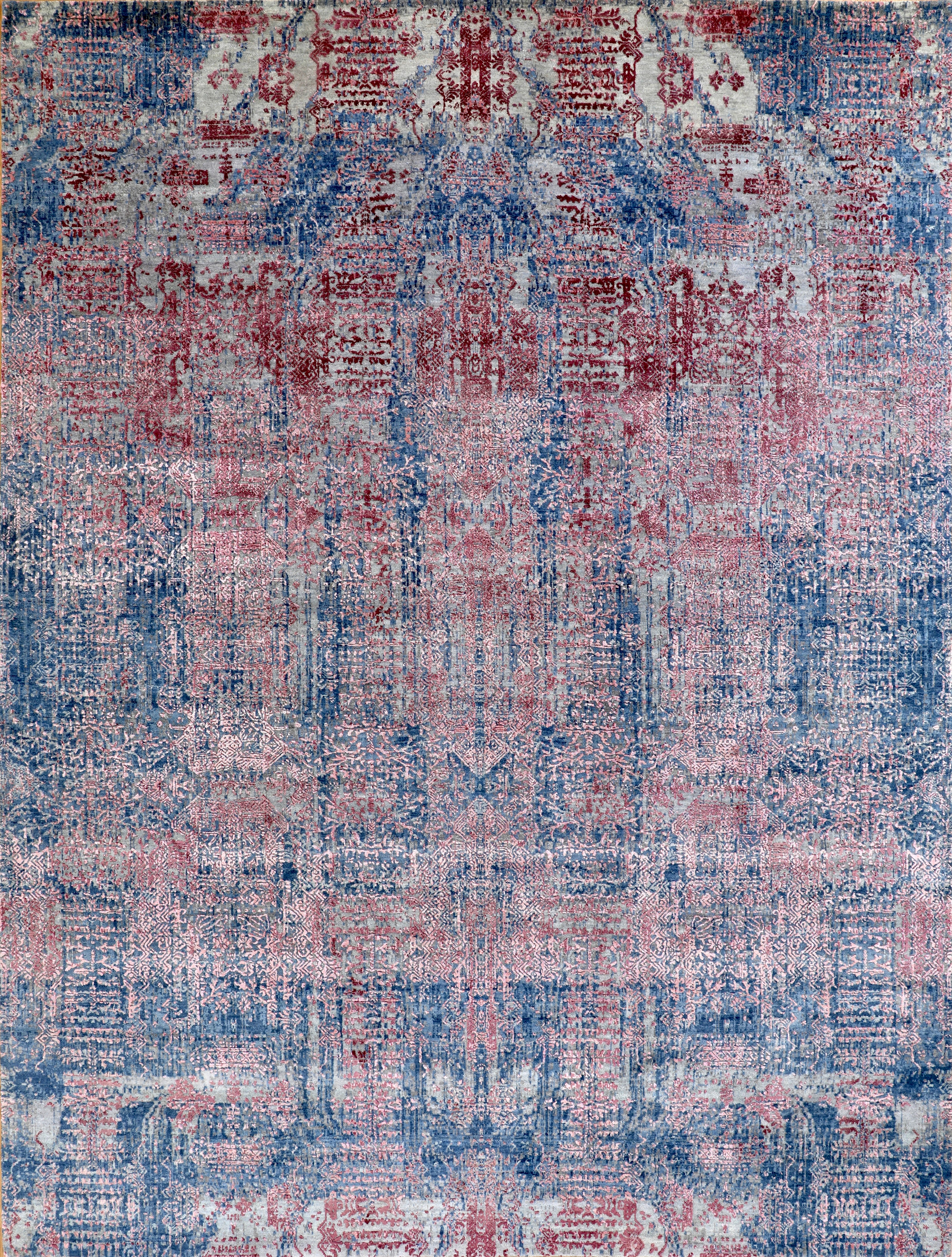 Handmade Transitional Wool Rug in Blue & Crimson Red Distressed Vintage Inspired For Sale