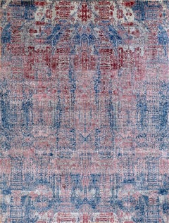 Handmade Transitional Wool Rug in Blue & Crimson Red Distressed Vintage Inspired