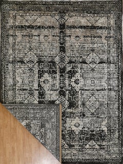 Handmade Transitional Wool Rug in Charcoal and Beige, Distressed Vintage Design