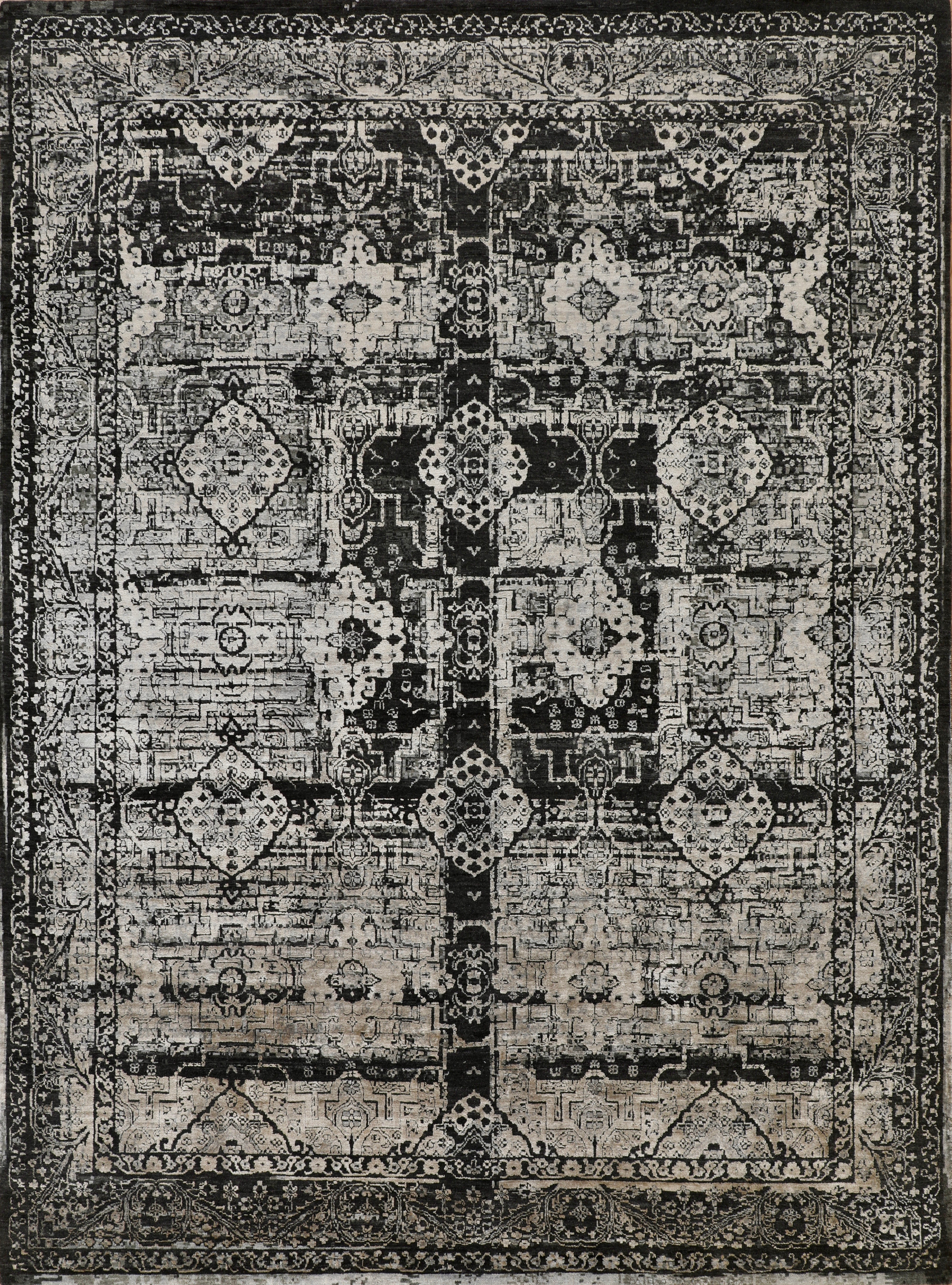Handmade Transitional Wool Rug in Charcoal and Beige, Distressed Vintage Design