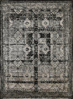Handmade Transitional Wool Rug in Charcoal and Beige, Distressed Vintage Design