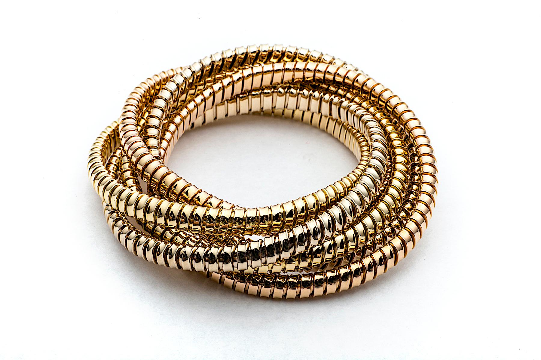 Contemporain Bracelet jonc tubogas à six brins en or tricolore fait à la main en vente
