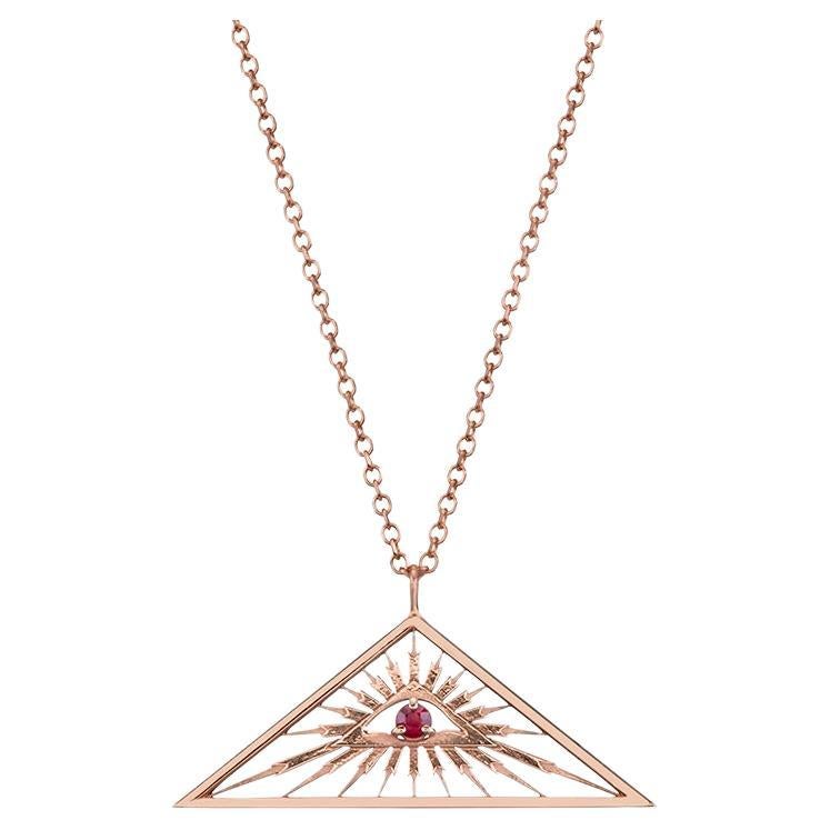 Handmade Triangle eye Pendant Necklace with Red Round Ruby in 14Kt Rose Gold