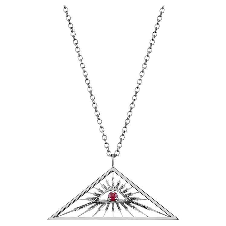 Handmade Triangle Eye Pendant Necklace with Red Round Ruby in 14Kt White Gold