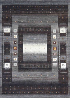 Handmade Tribal Gabbeh Style Wool Rug in Charcoal, Grey and Ivory