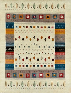 Handgefertigter Tribal Gabbeh Wollteppich in Beige, Rot, Blau und Multicolor