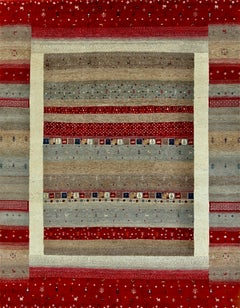 Handmade Tribal Gabbeh Wool Rug in Red, Beige and Grey