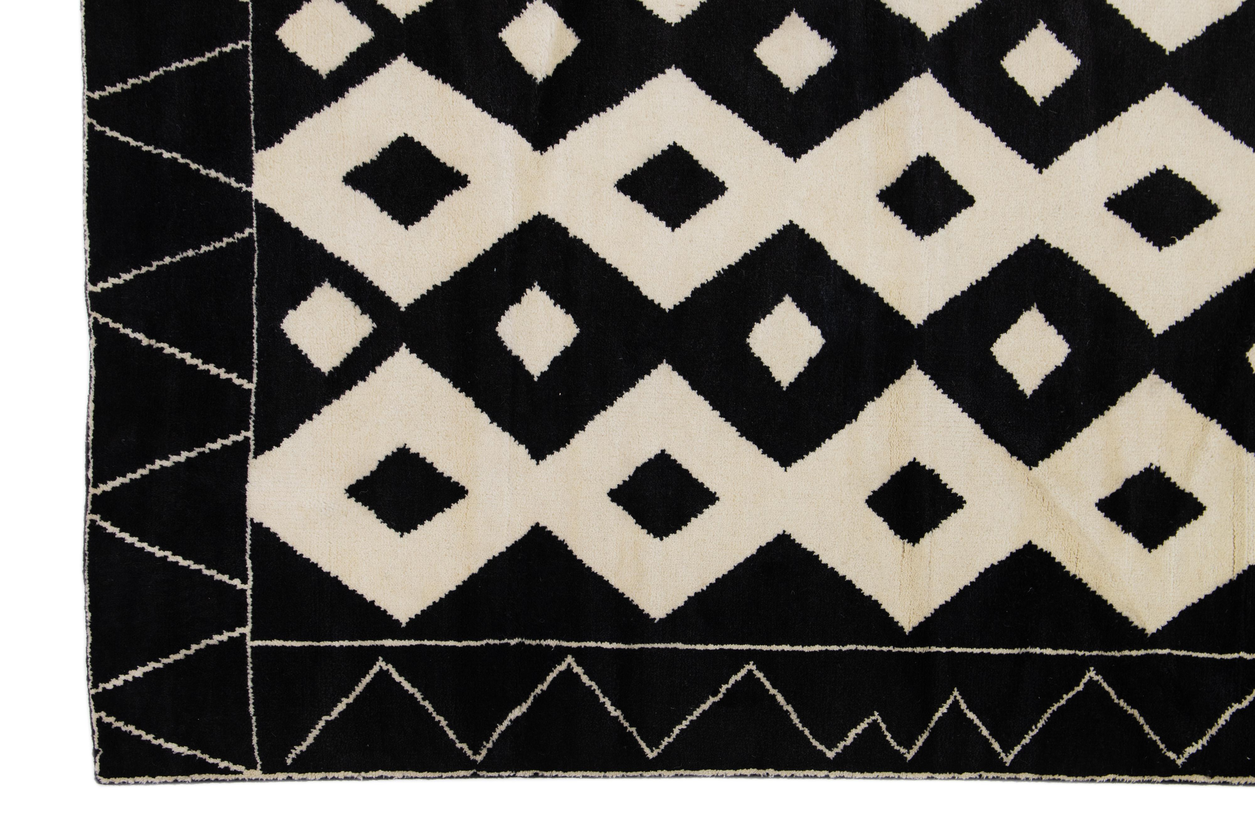 Handmade Tribal Moroccan Style Modern Wool Rug With Ivory and Black Design For Sale 2
