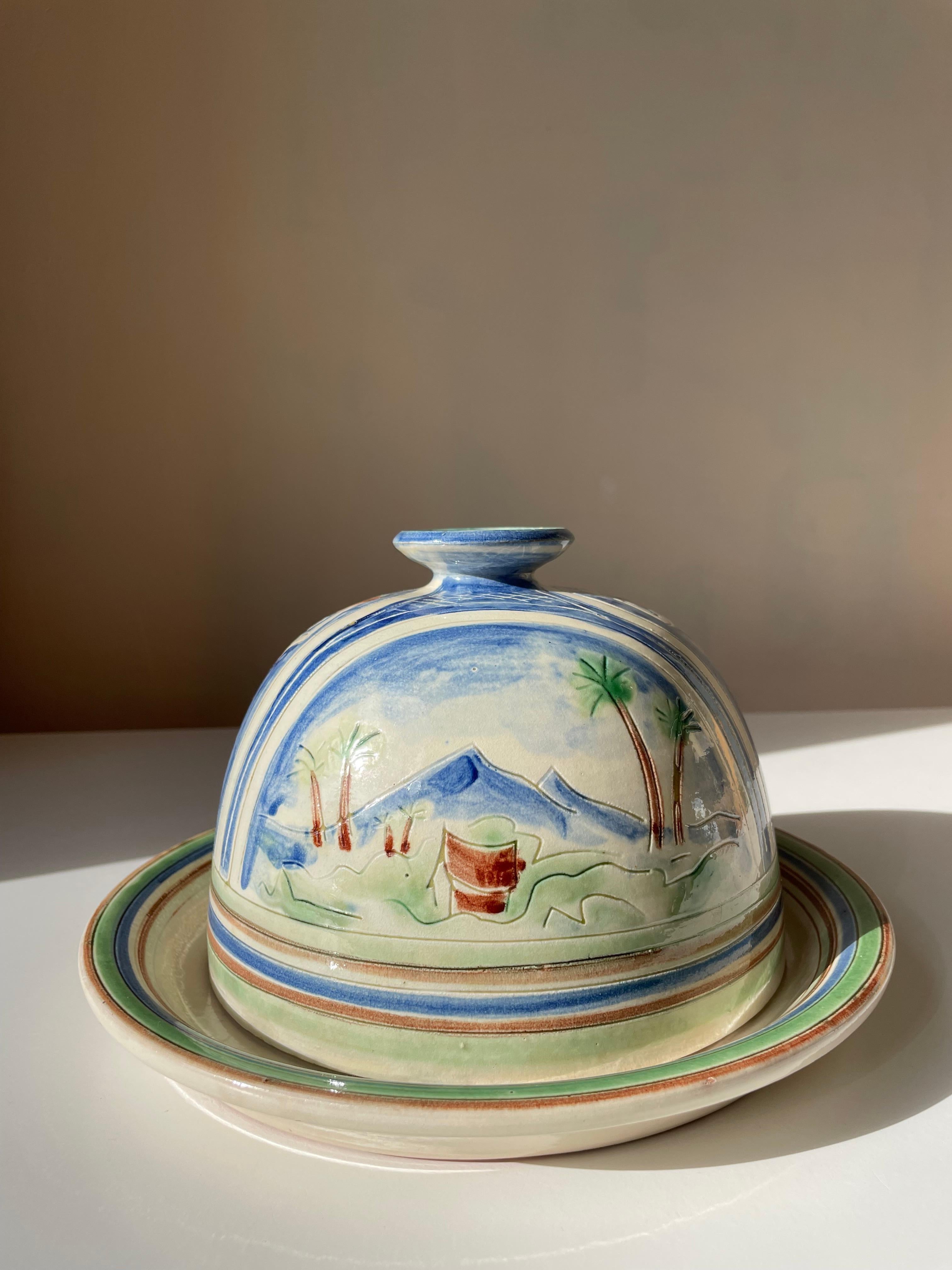 Scandinavian Modern Handmade Danish 1950s Tropic Decor Ceramic Dome And Plate For Sale