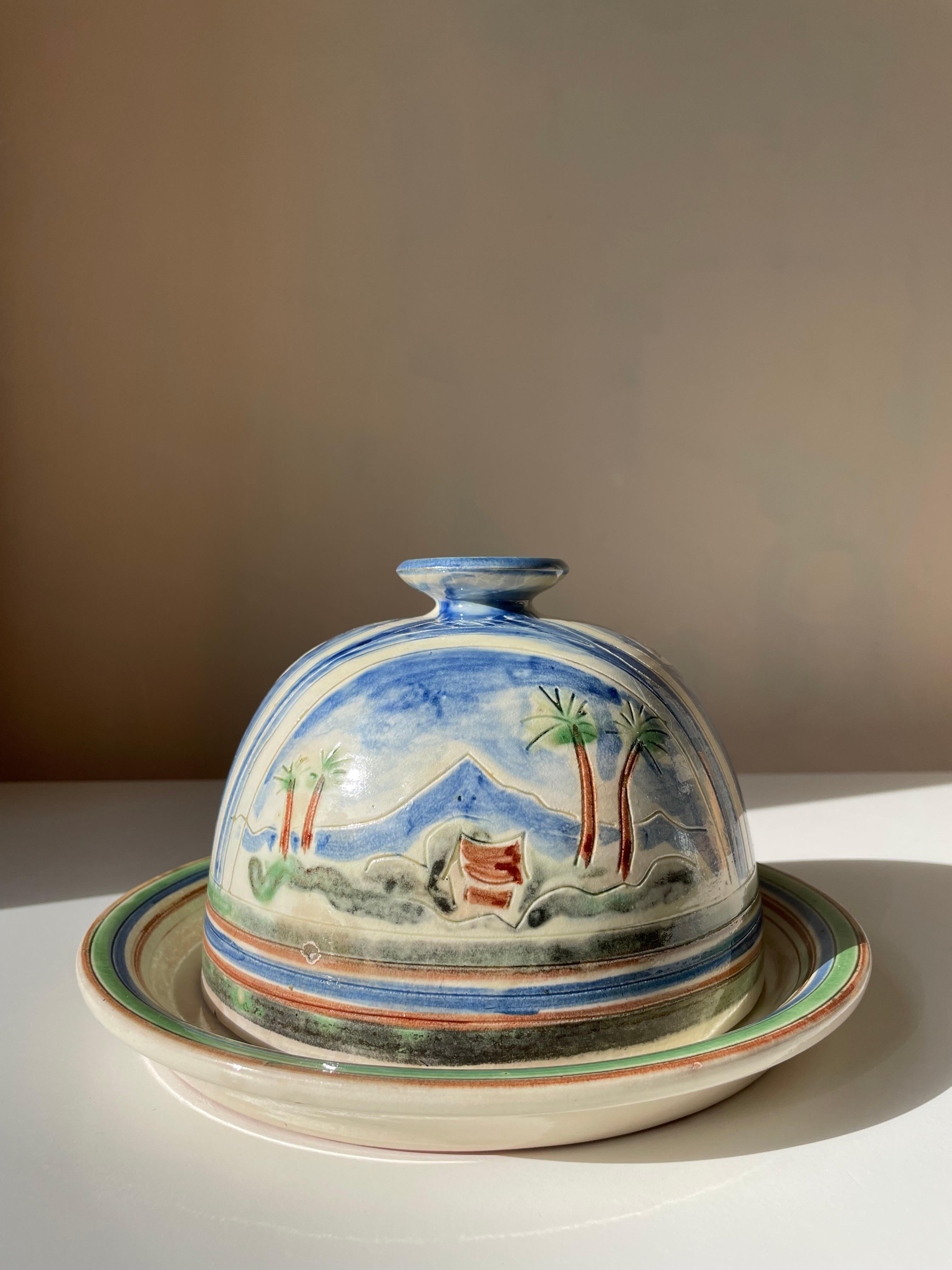 Glazed Handmade Danish 1950s Tropic Decor Ceramic Dome And Plate For Sale