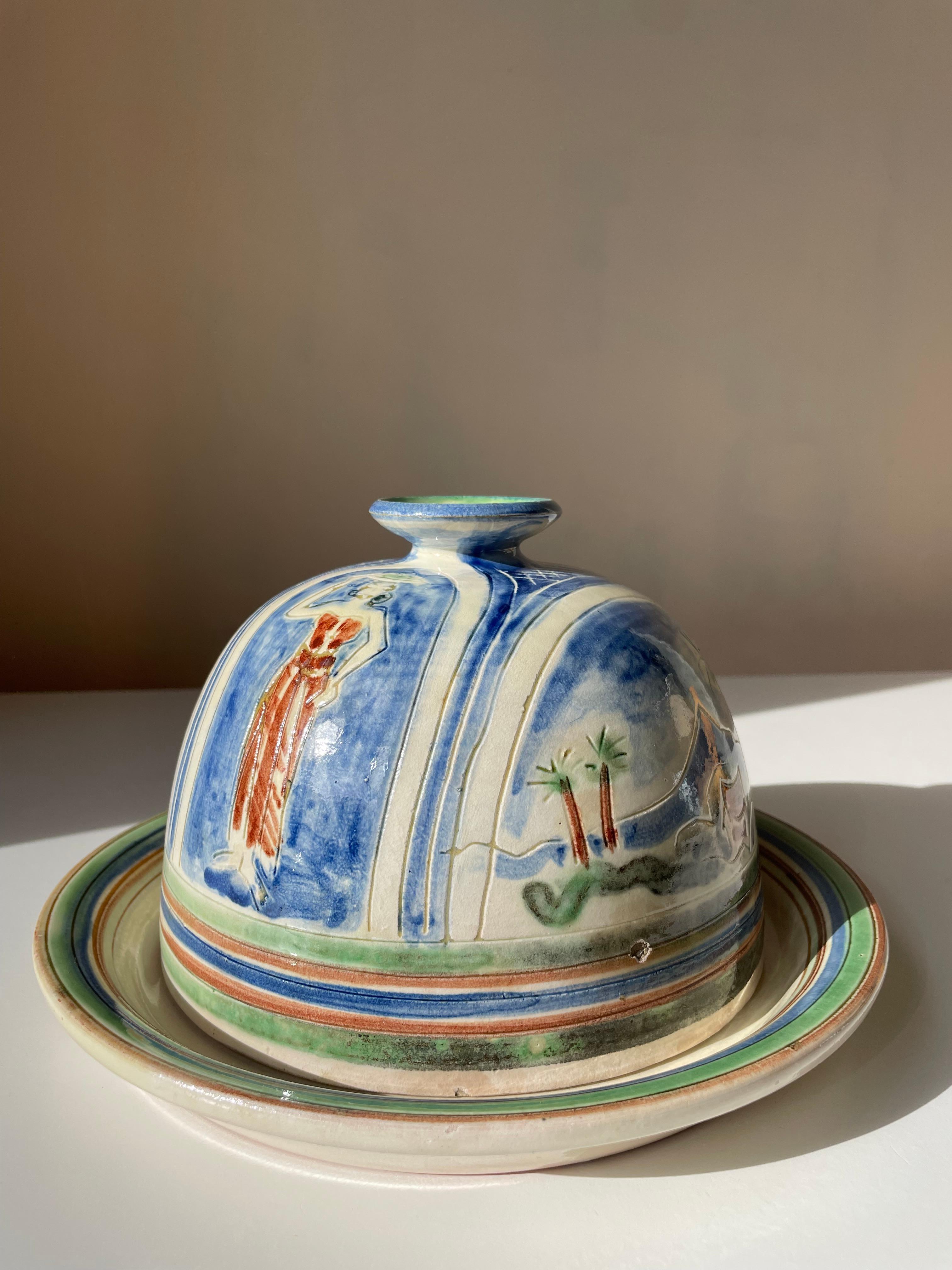 Handmade Danish 1950s Tropic Decor Ceramic Dome And Plate For Sale 1