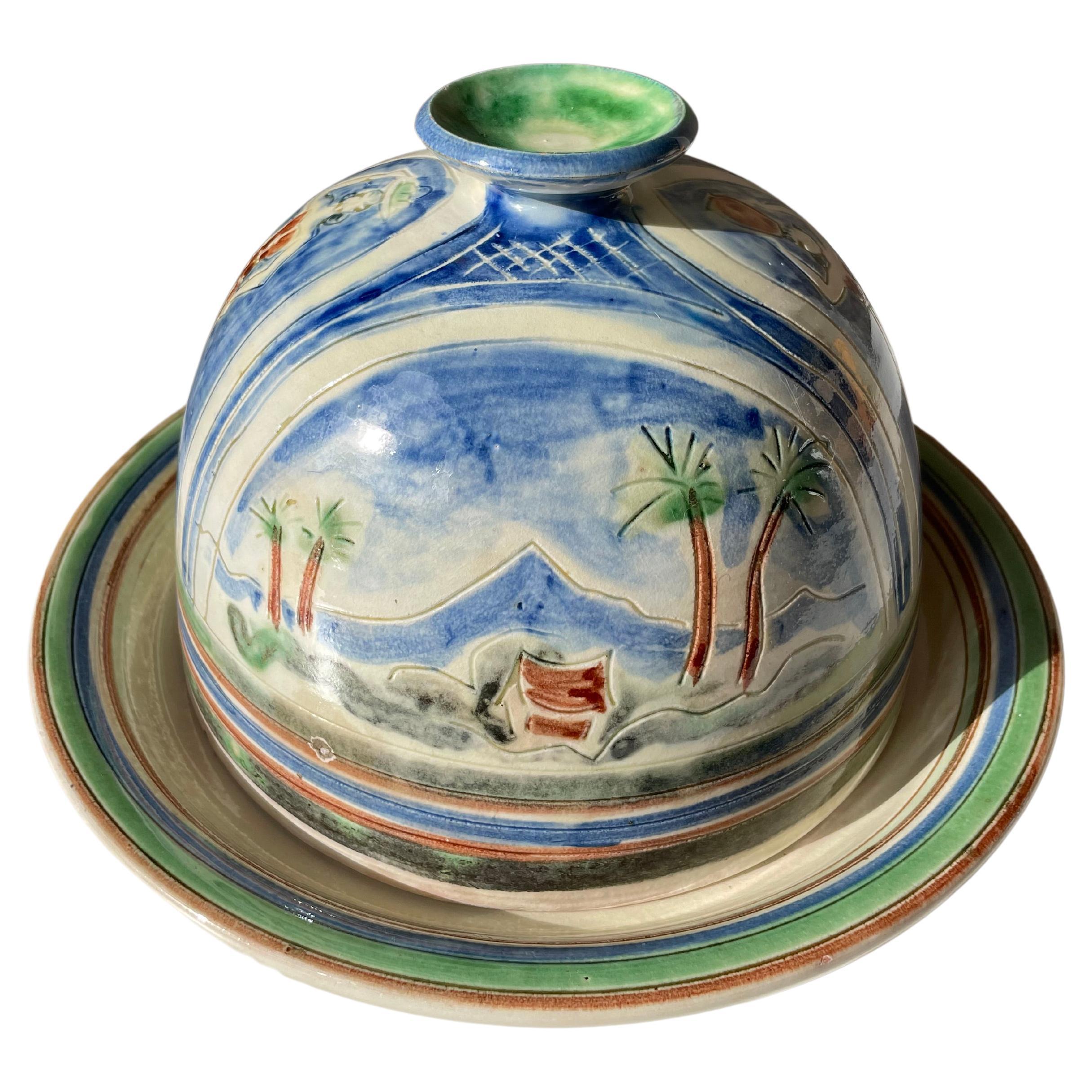 Cupola e piatto in ceramica con decorazione tropicale, fatti a mano in Danimarca negli anni '50