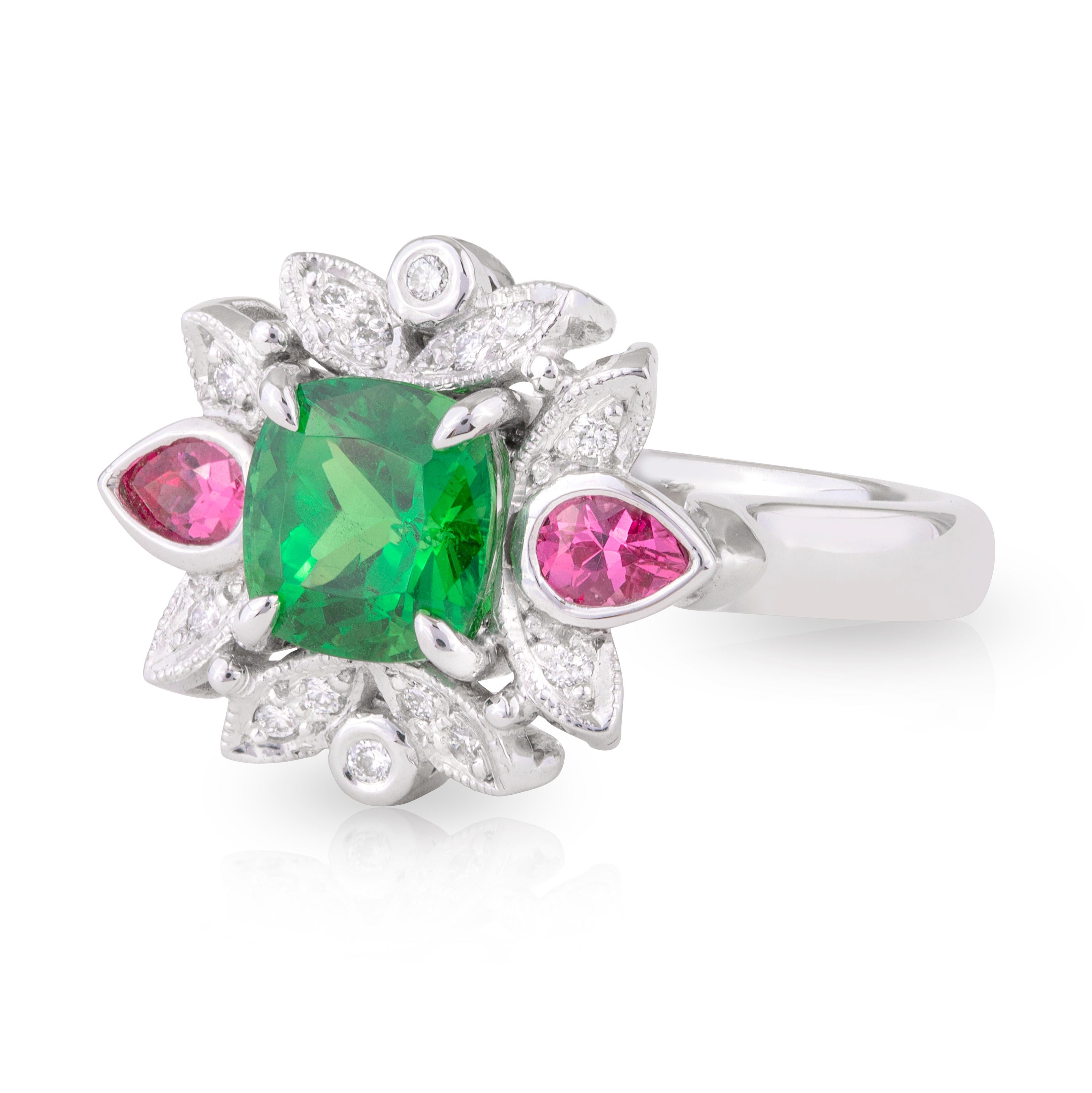 Cushion Cut Handmade 18ct White Gold Tsavorite Garnet, Spinel & Diamond Art Deco Dress Ring For Sale