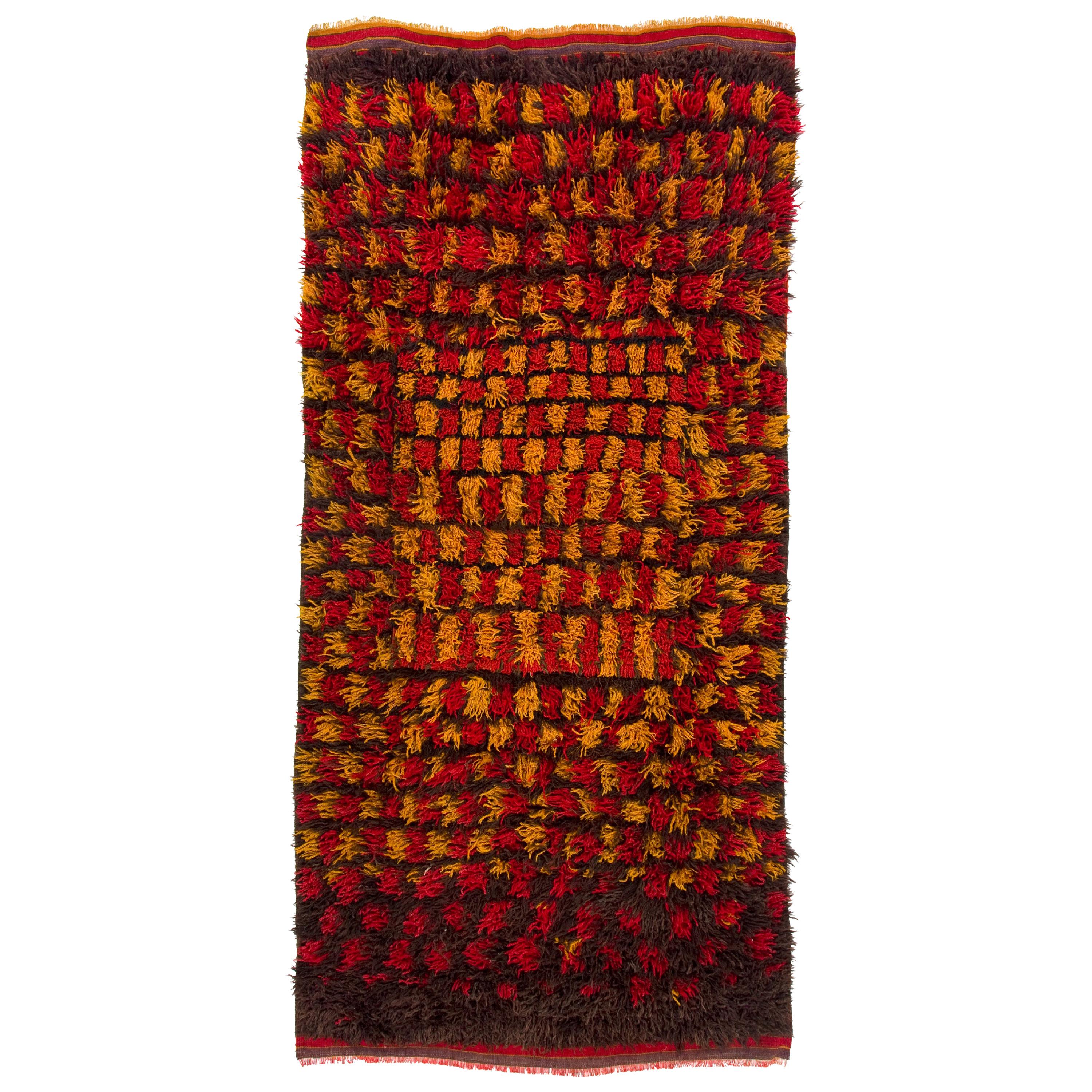 4.8x9.8 Ft Handmade "Tulu" Rug with Long Wool Pile in Red, Yellow & Brown Colors For Sale