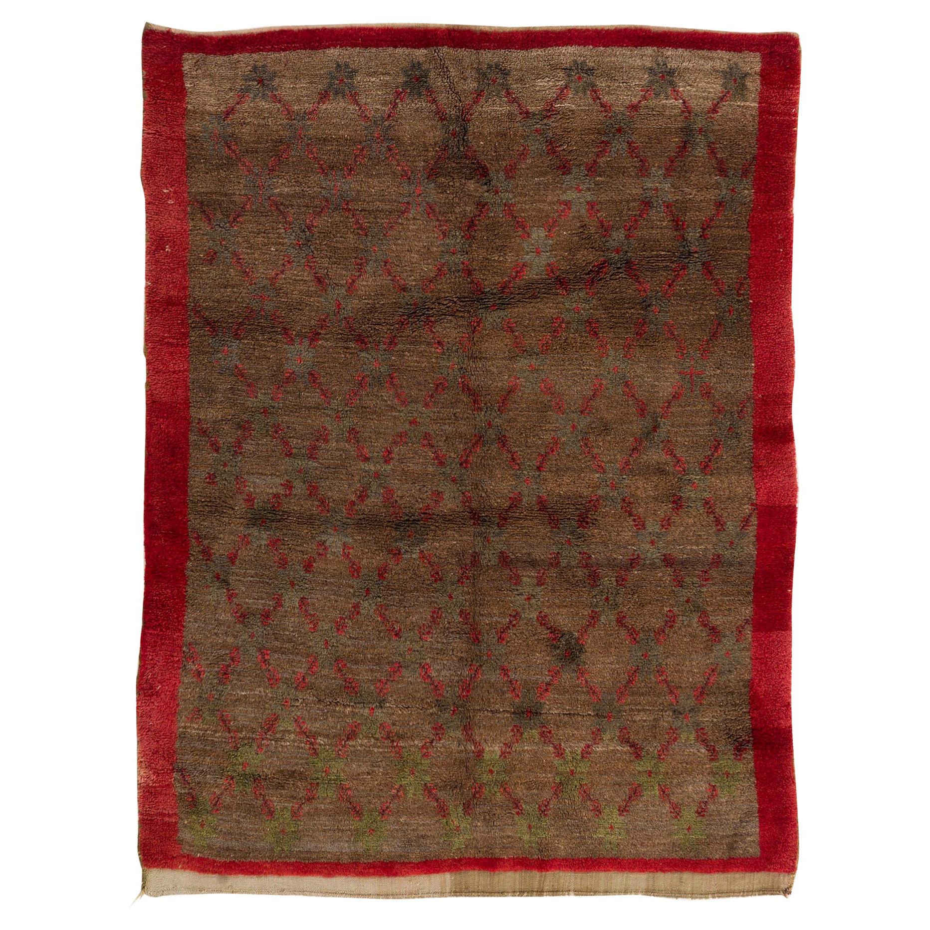 Tapis en laine Tulu 5,2x7 Ft fait à la main avec motif floral en treillis de couleur camel et rouge