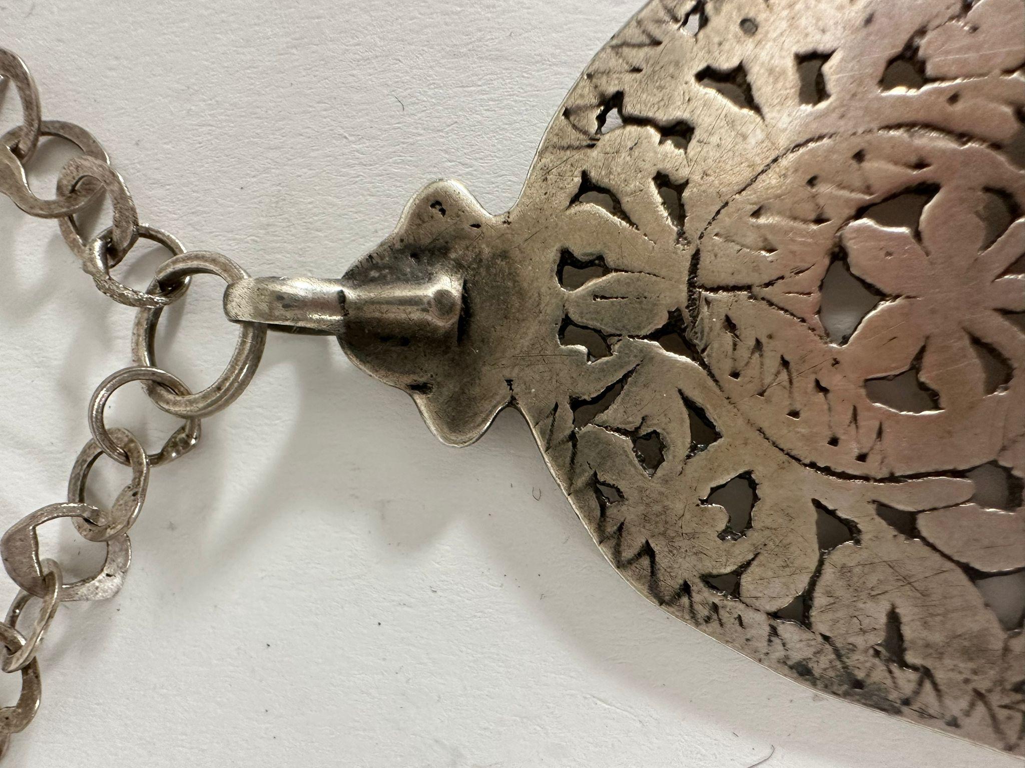 19th Century Handmade Tunisian Jewish Silver Hamsa Necklace with Original Chain For Sale
