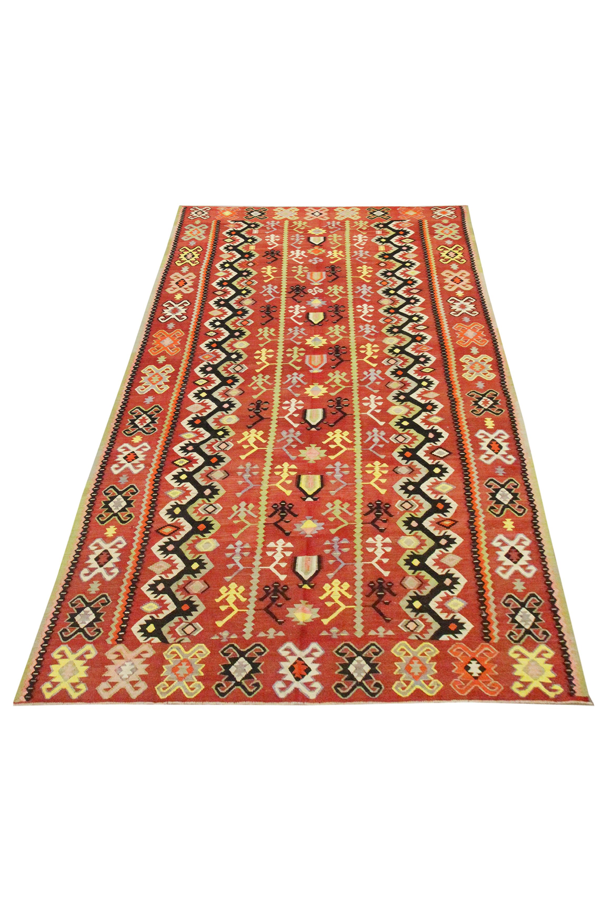Handgefertigter Flachgewebter türkischer Kelim-Teppich aus traditioneller Wolle in Rostrot (Türkisch) im Angebot