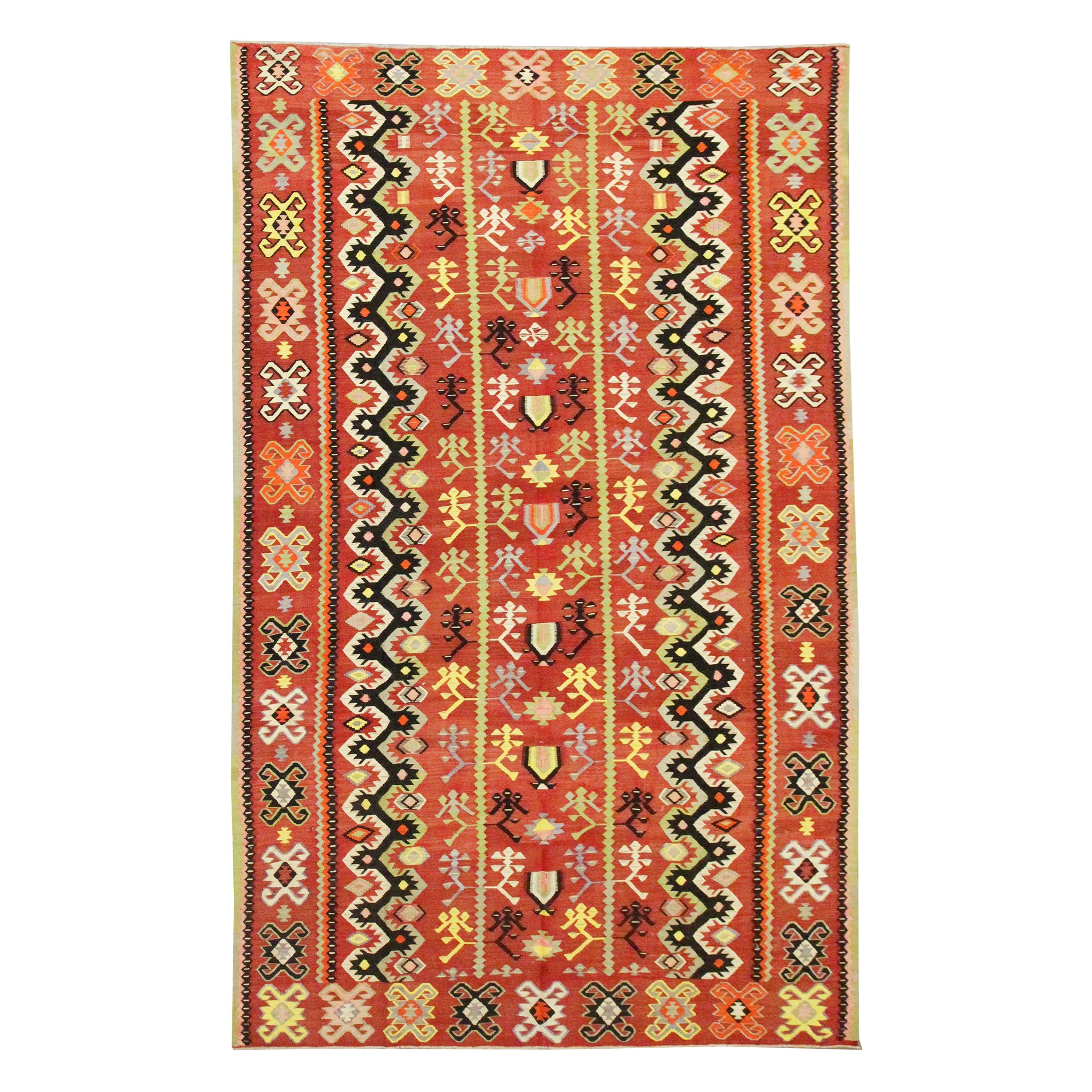 Handmade Turkish Kilim Traditional Wool Rust-Red Flat-woven Area Rug For Sale