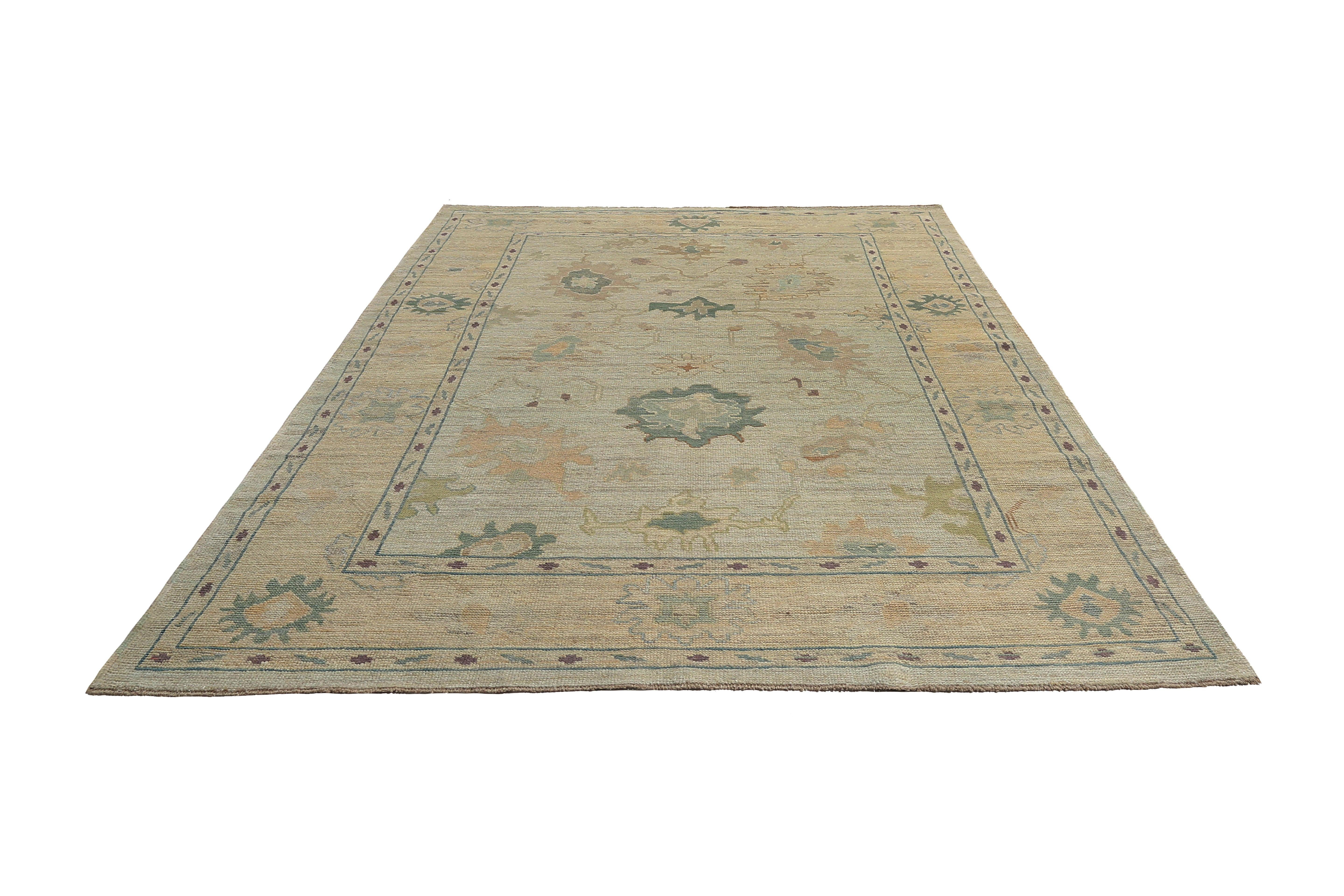 Wool Handmade Turkish Oushak Rug with Bright Floral Motifs For Sale