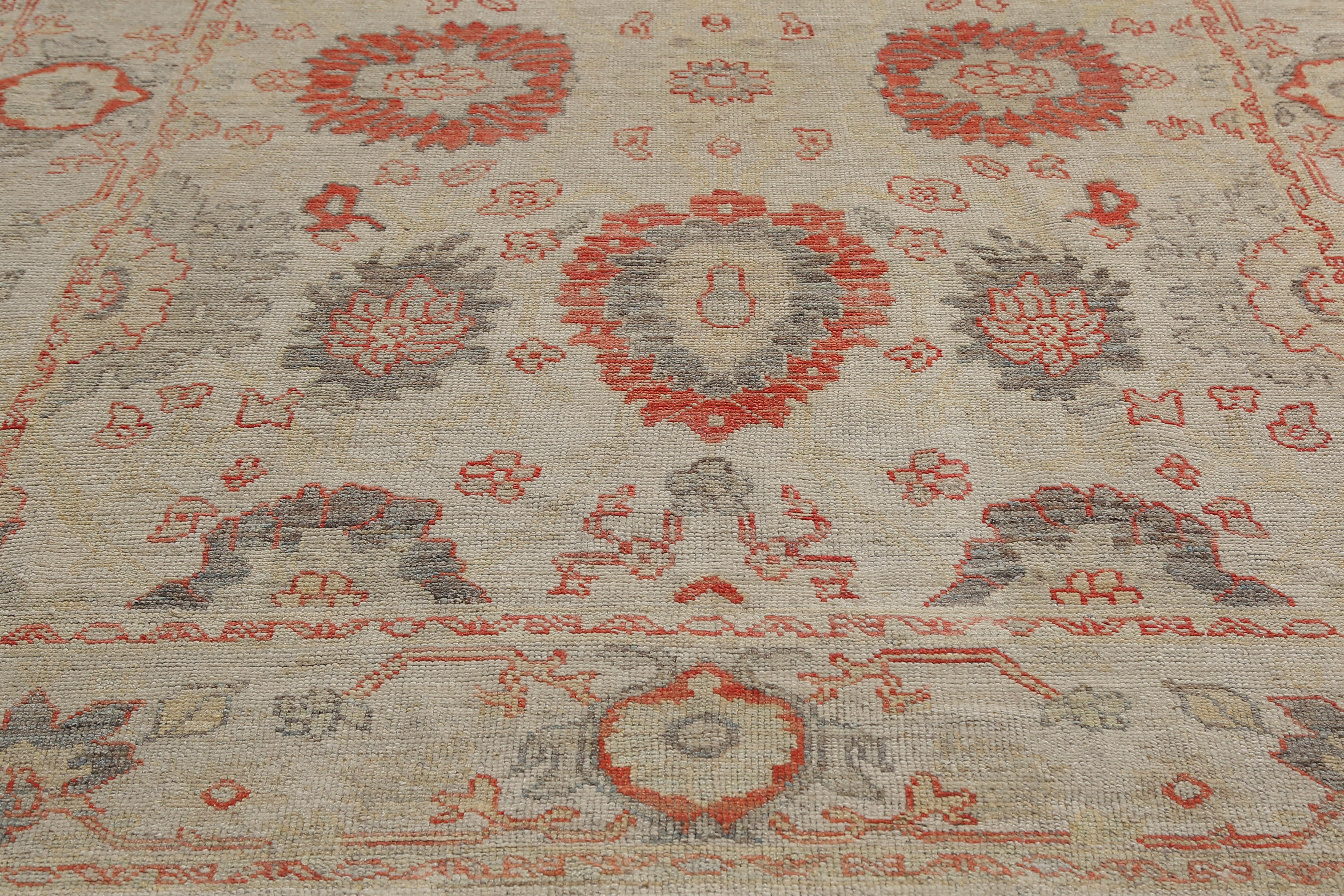 Wool Handmade Turkish Oushak Rug with Bright Floral Motifs For Sale