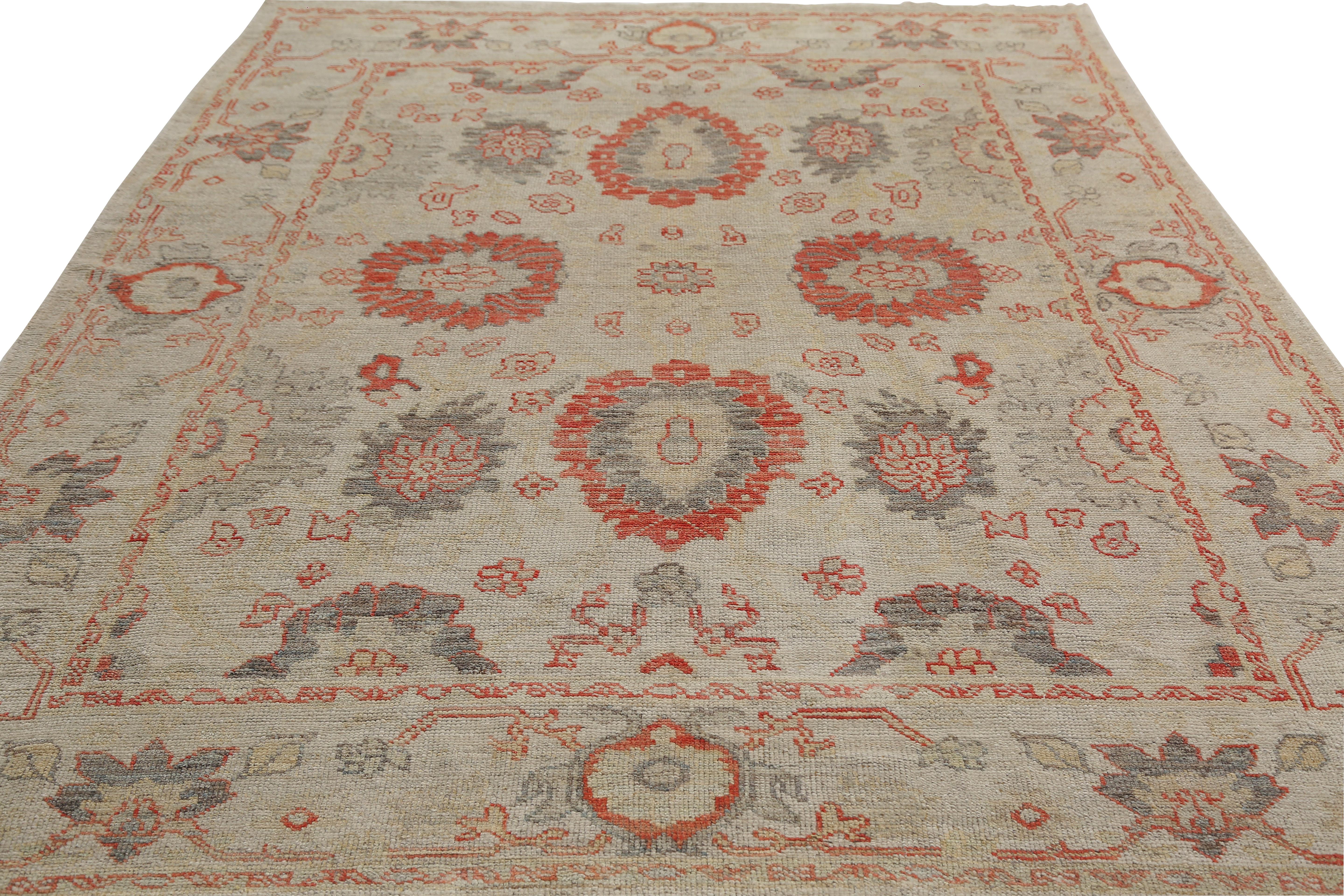 Handmade Turkish Oushak Rug with Bright Floral Motifs For Sale 1