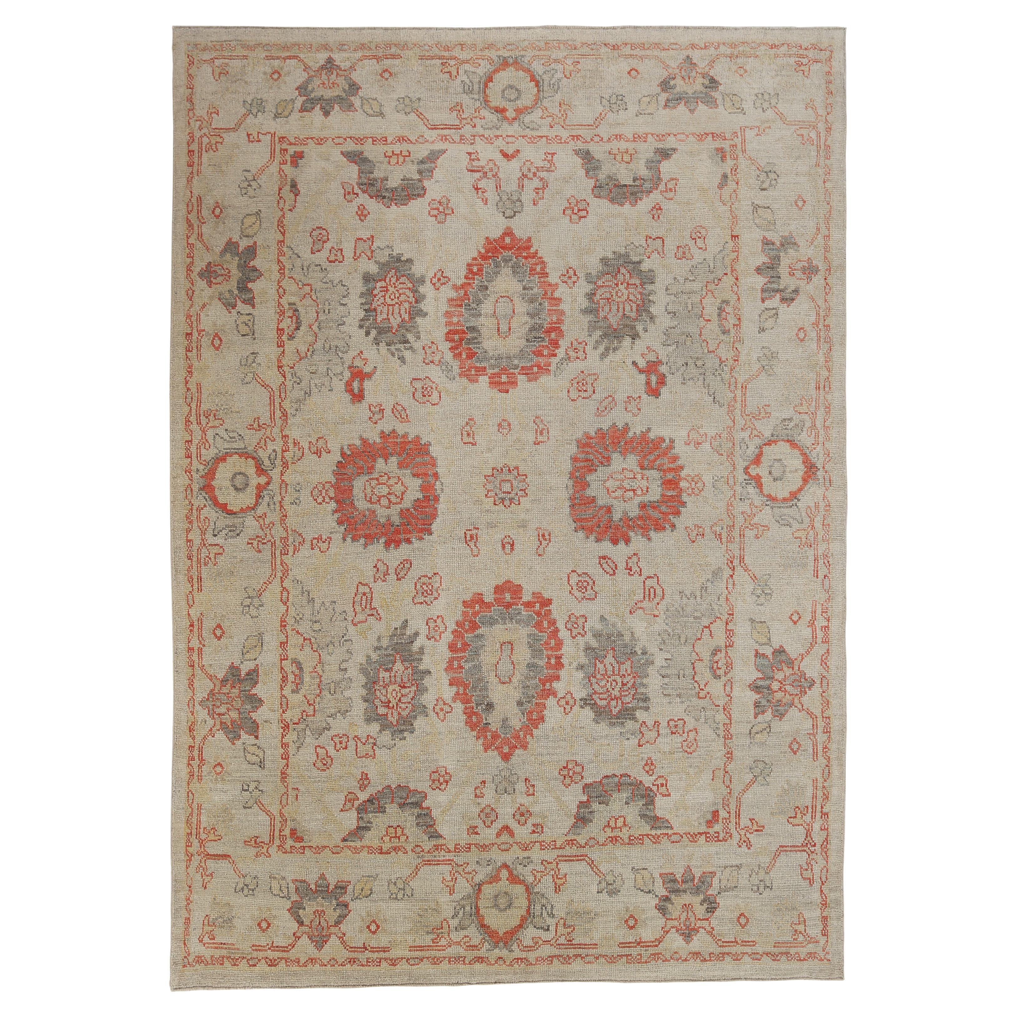 Handmade Turkish Oushak Rug with Bright Floral Motifs