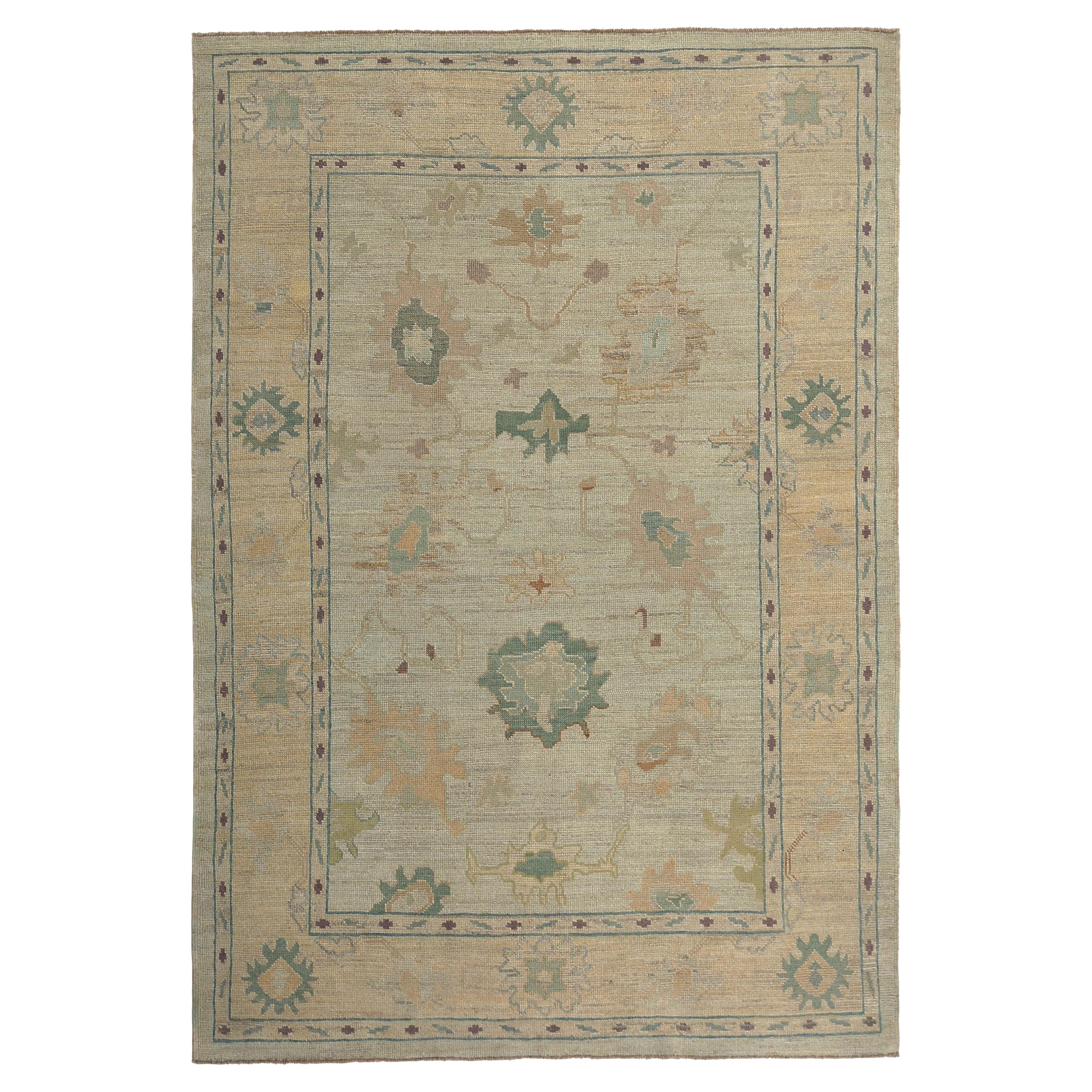 Handmade Turkish Oushak Rug with Bright Floral Motifs